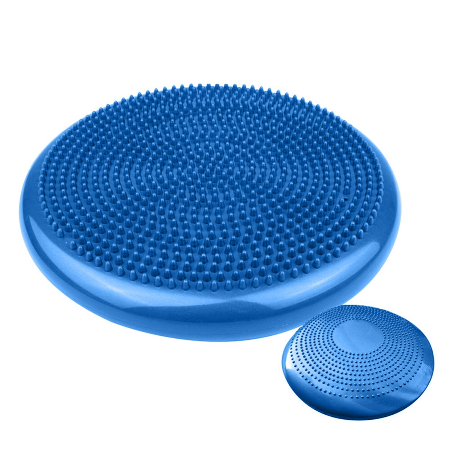 Disco di equilibrio blu con superficie borchiata e un disco più piccolo sul lato.