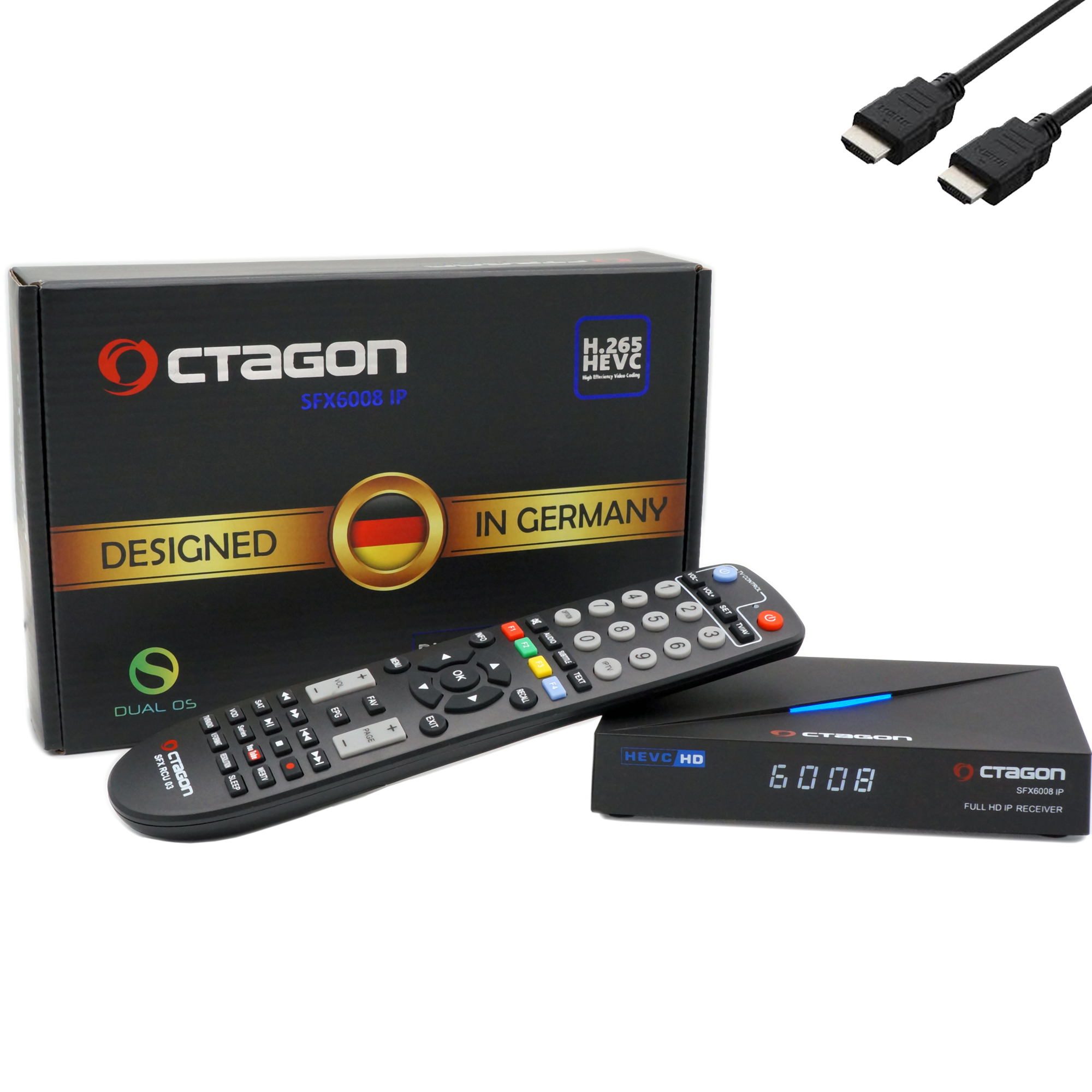 Eine Set-Top-Box, Fernbedienung und HDMI-Kabel. Text auf der Box: 'Designed in Germany'.