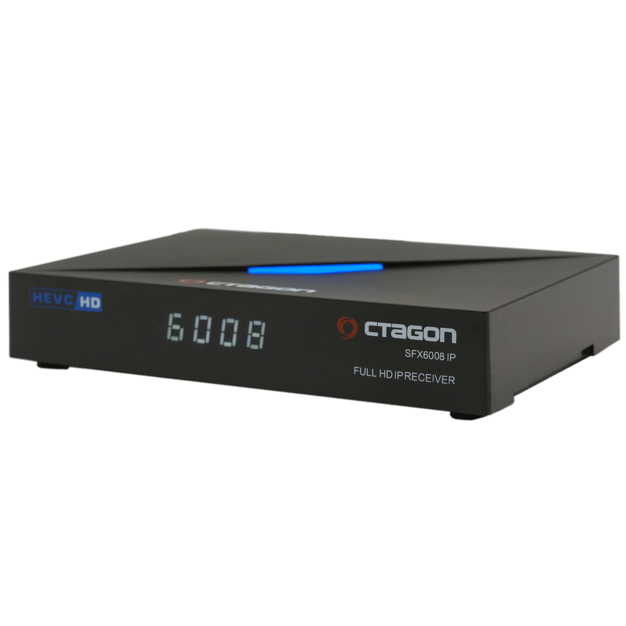 Schwarzer Digitalreceiver mit HEVC HD und Cragon SFX6008 IP Full HD-Receiver-Etikett, blaues Licht oben.