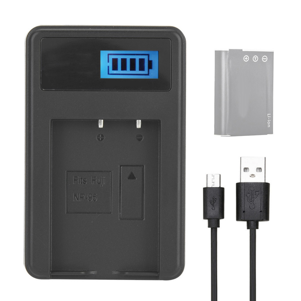 Schwarzes Kamera-Akkuladegerät mit Akku und USB-Kabel.