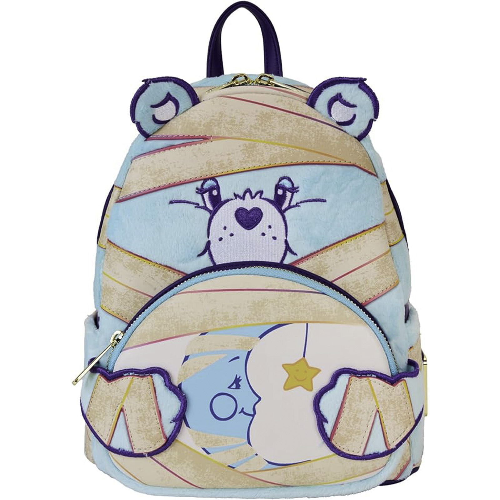 Blauer Rucksack mit Bären-Design. Der Rucksack hat einen Halbmond und einen Stern.