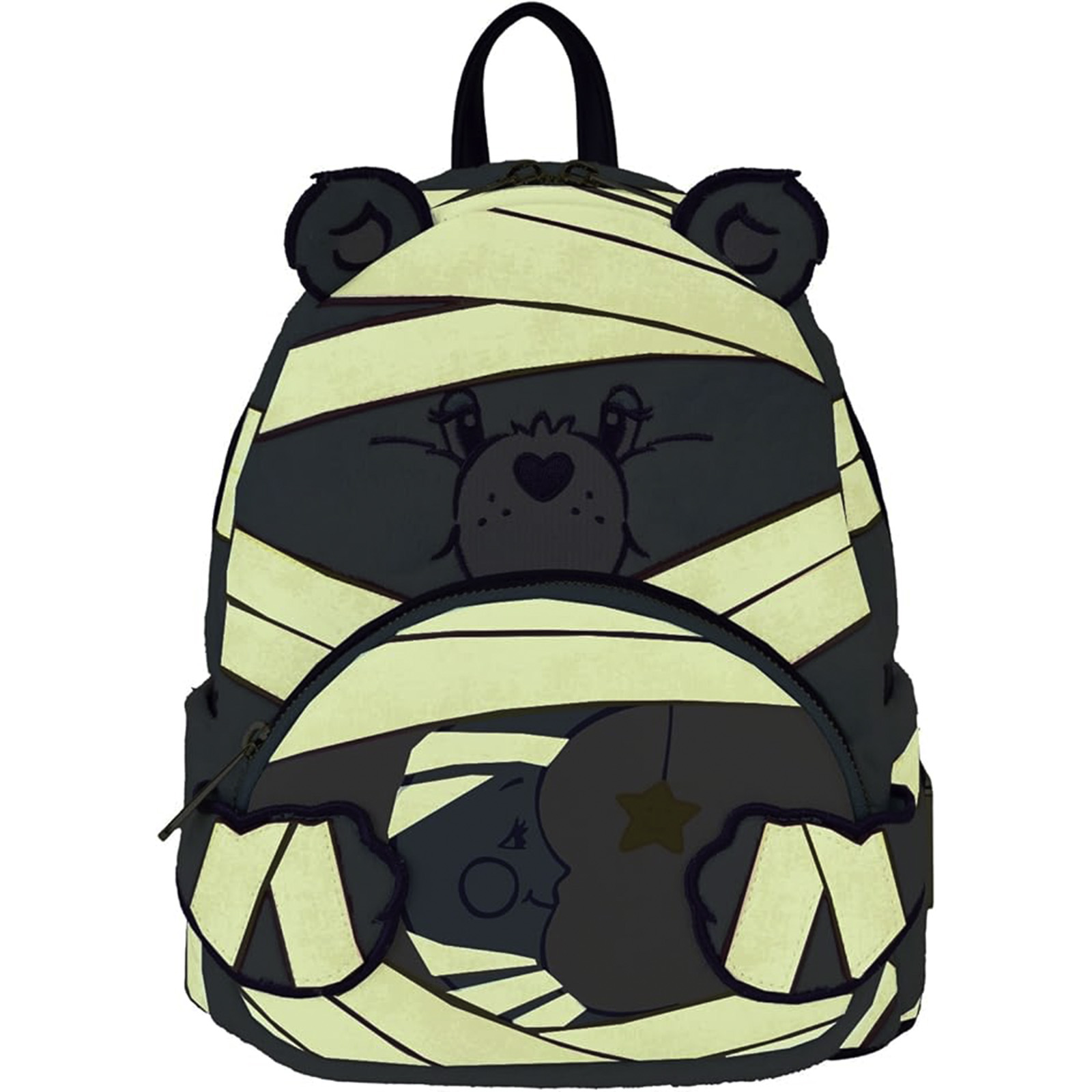 Ein Care Bears Rucksack mit einem Mumienbären-Design. Er reflektiert Licht.