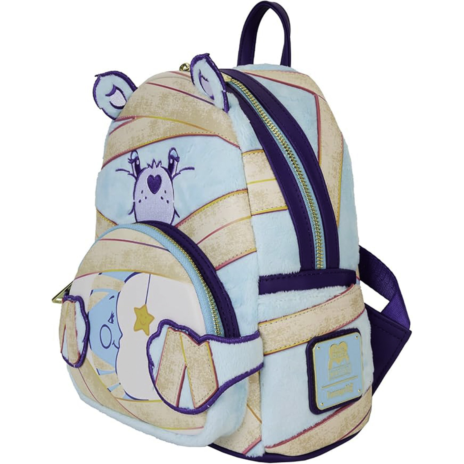 Care Bears Rucksack mit einem Mumienbären-Design. Der Rucksack ist blau, cremefarben und lila.