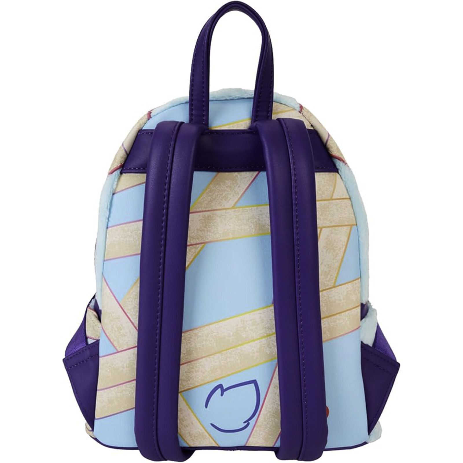 Rückansicht eines hellblauen und lila Rucksacks mit cremefarbenen Akzenten.