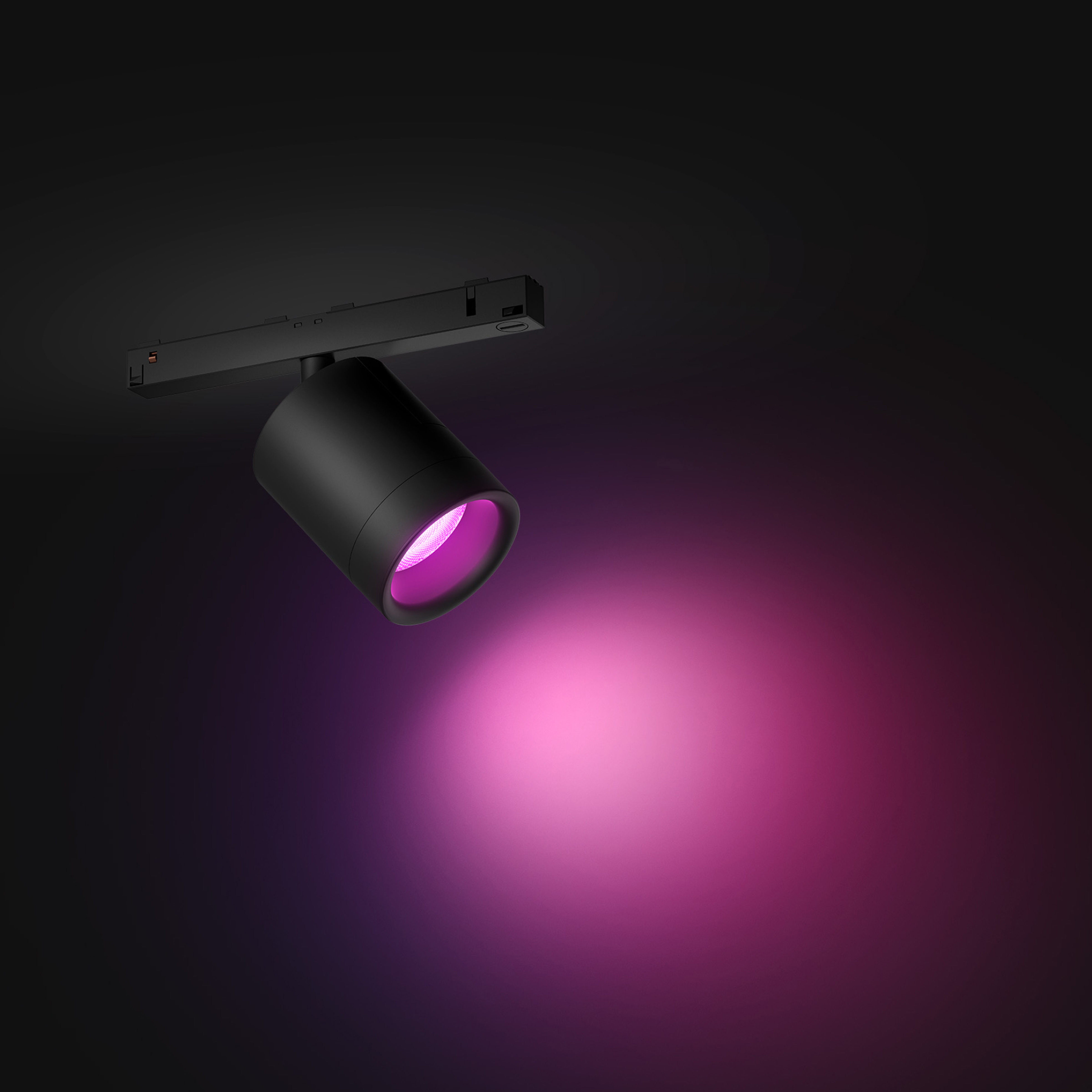 Czarny reflektor, różowe światło, ciemne tło, nowoczesny design.