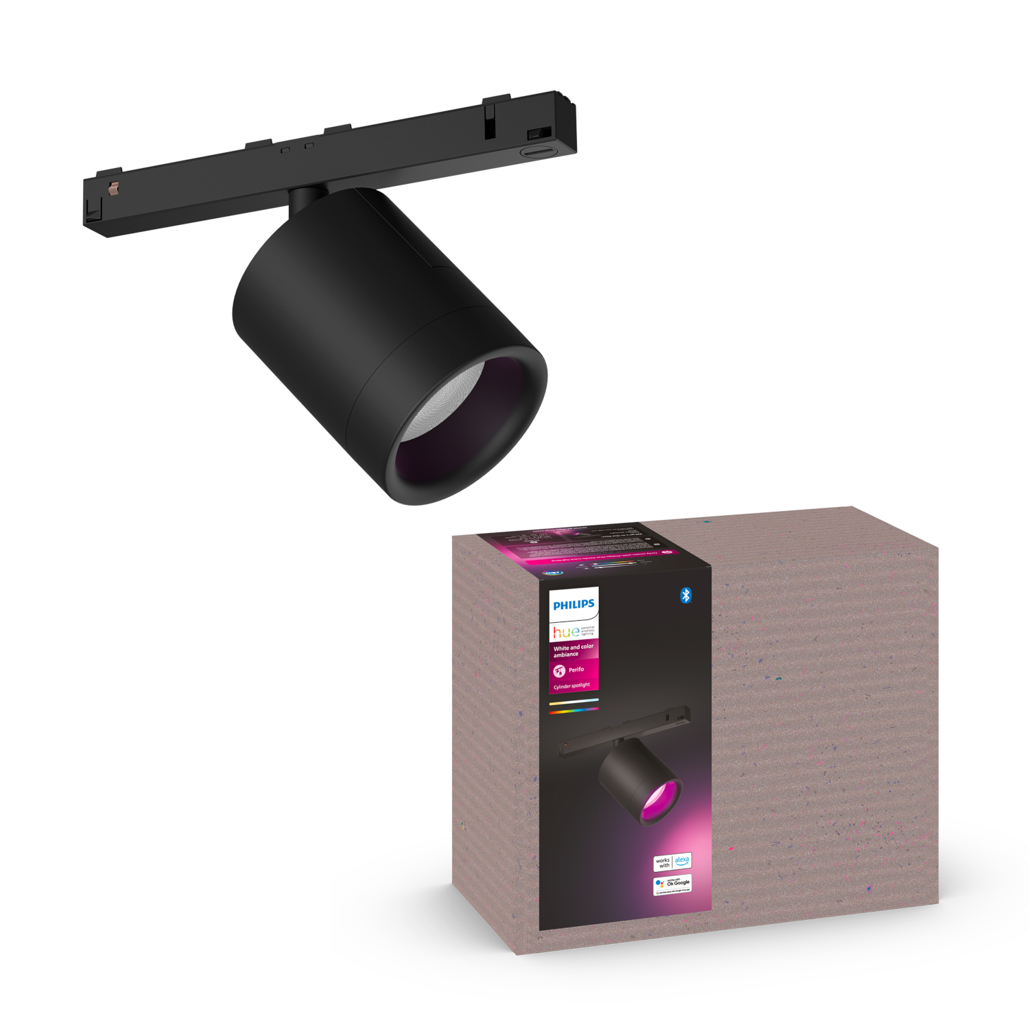 Czarny reflektor Philips Hue z pudełkiem produktu, białe tło.