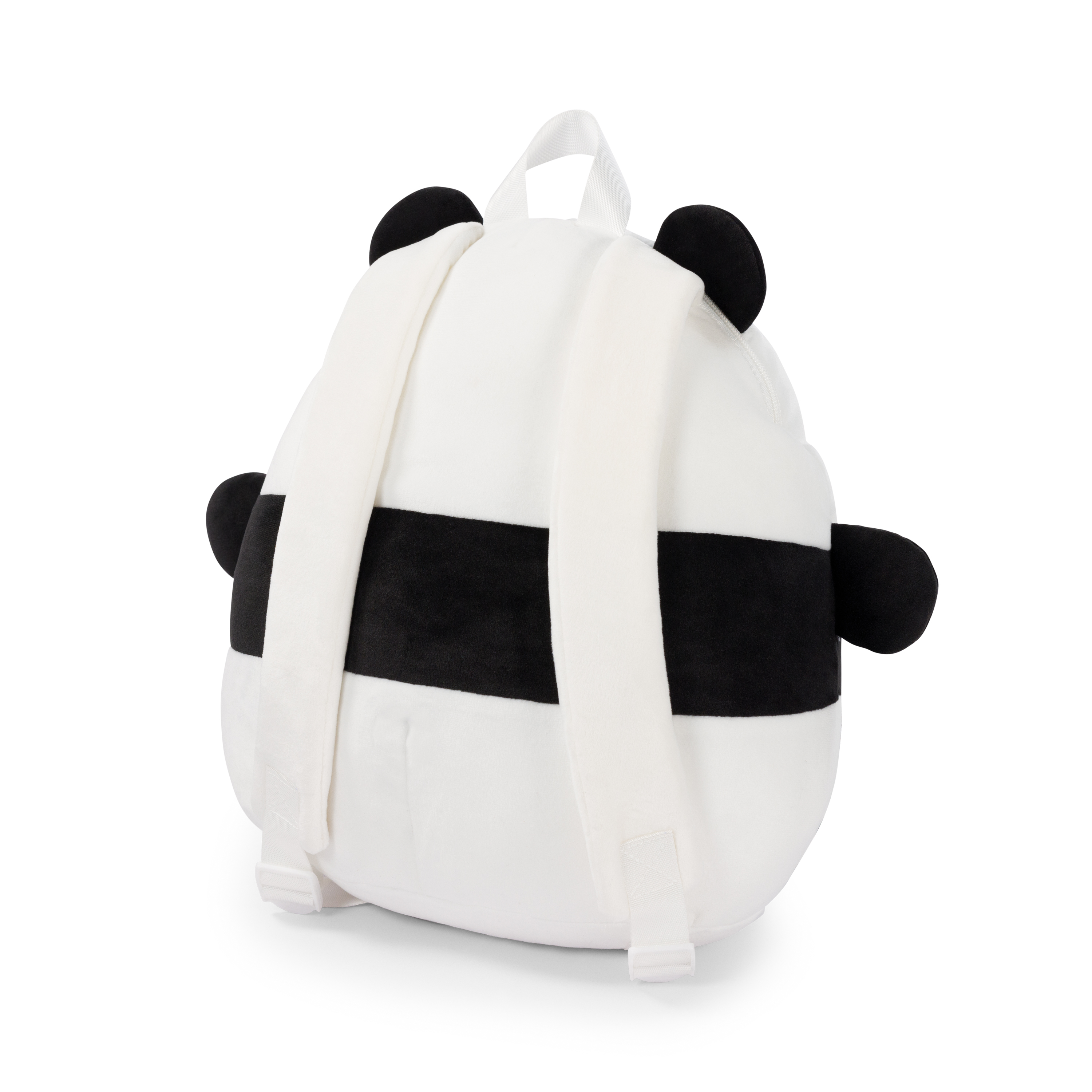 Rucksack in Panda-Form, weiß mit schwarzen Akzenten. Weiße Träger und Griff.
