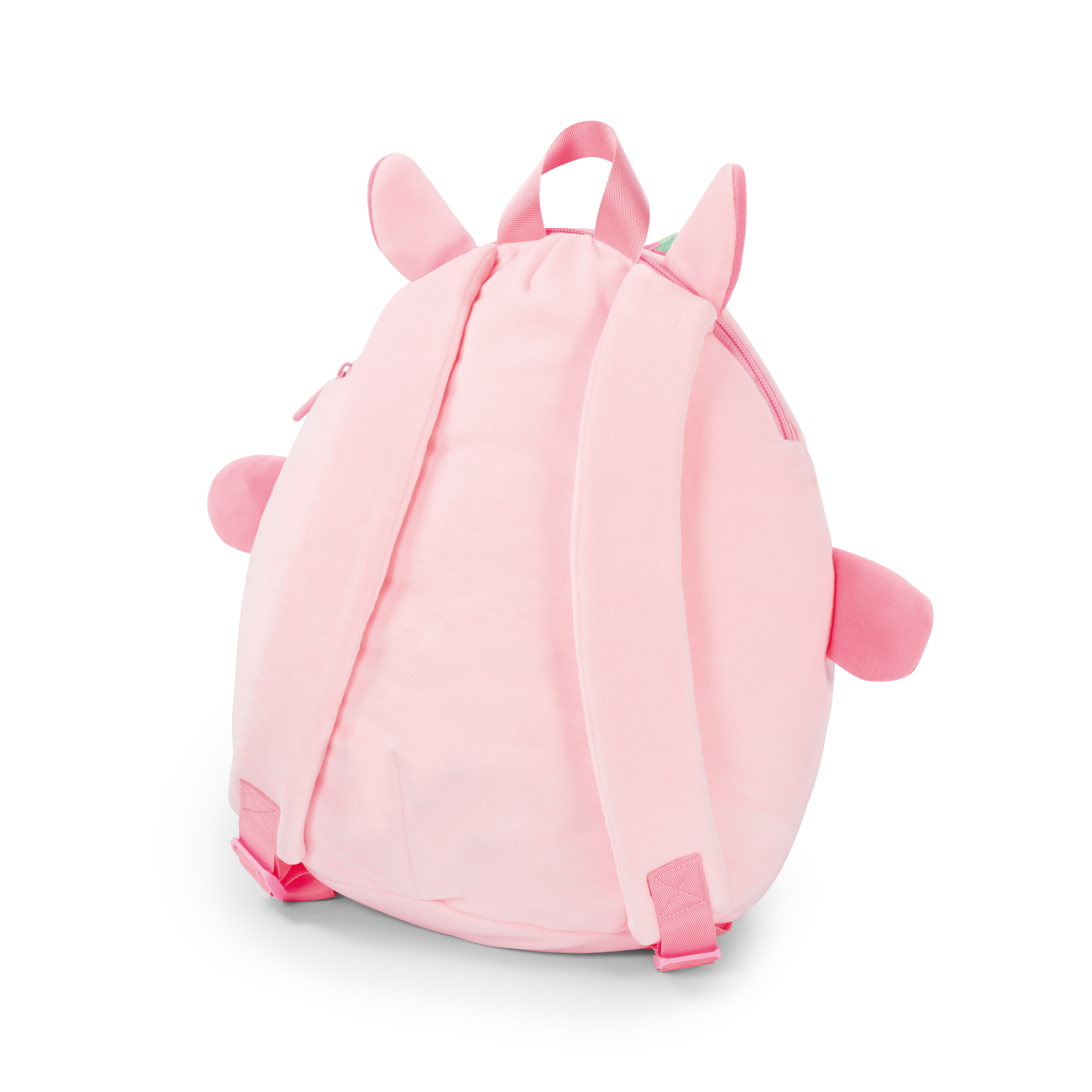 Rosa Einhorn-Rucksack mit zwei Schultergurten und einem oberen Griff. Weißer Hintergrund.
