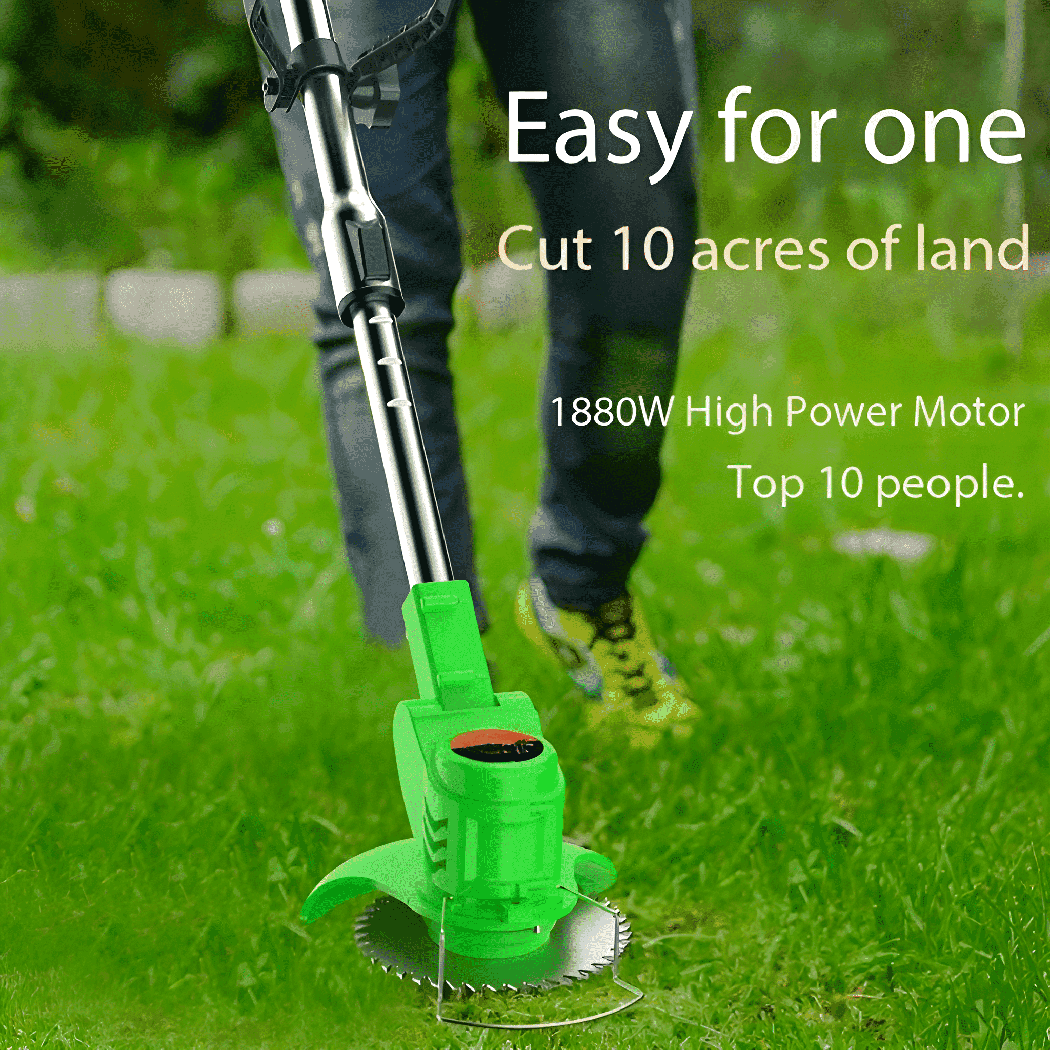 Grüner elektrischer Rasentrimmer schneidet Gras auf einem Feld.