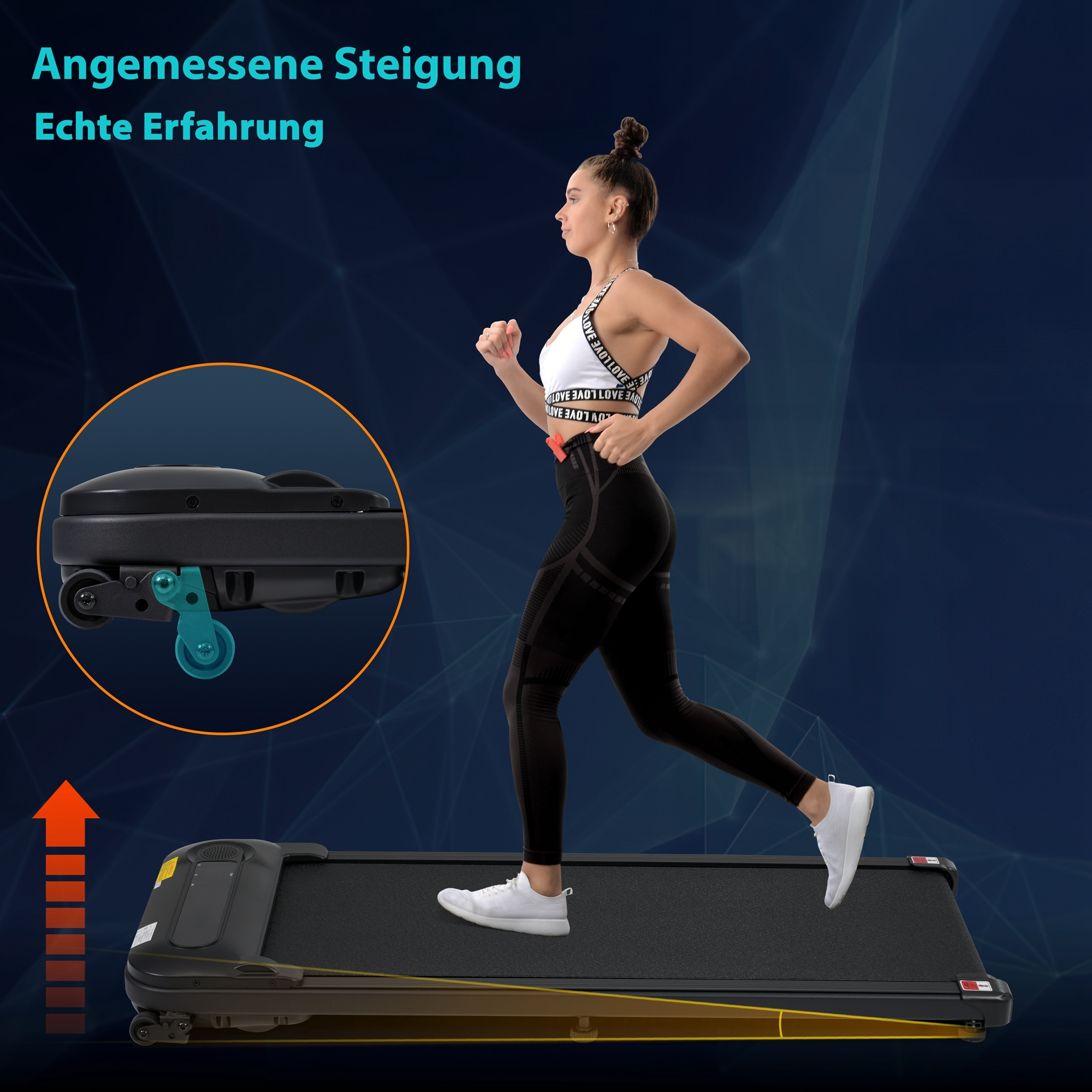 Eine Frau läuft auf einem Laufband mit einem Pfeil nach oben und Text auf Deutsch.