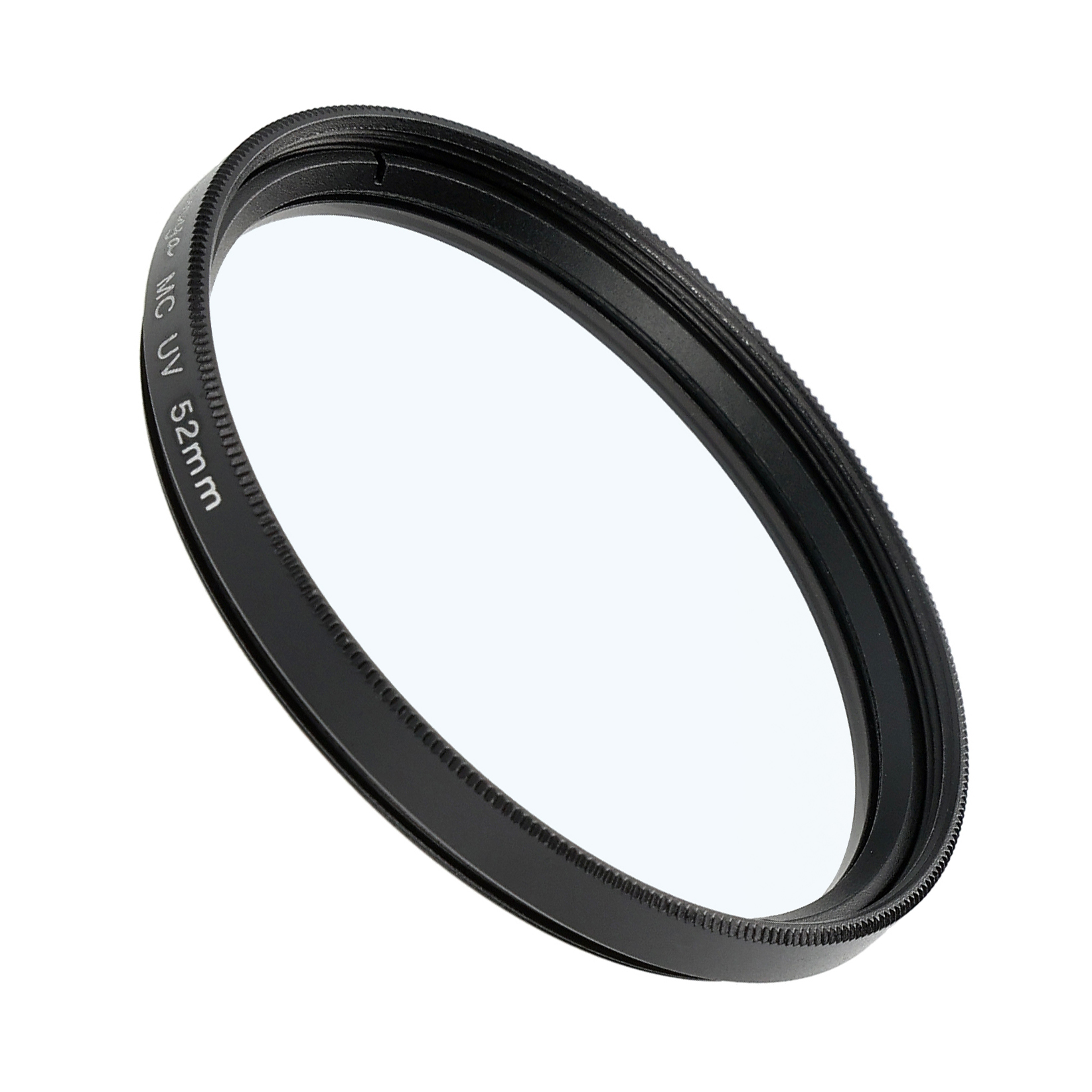 Ein schwarzer Kameraobjektivfilter mit einem klaren Glaskern.