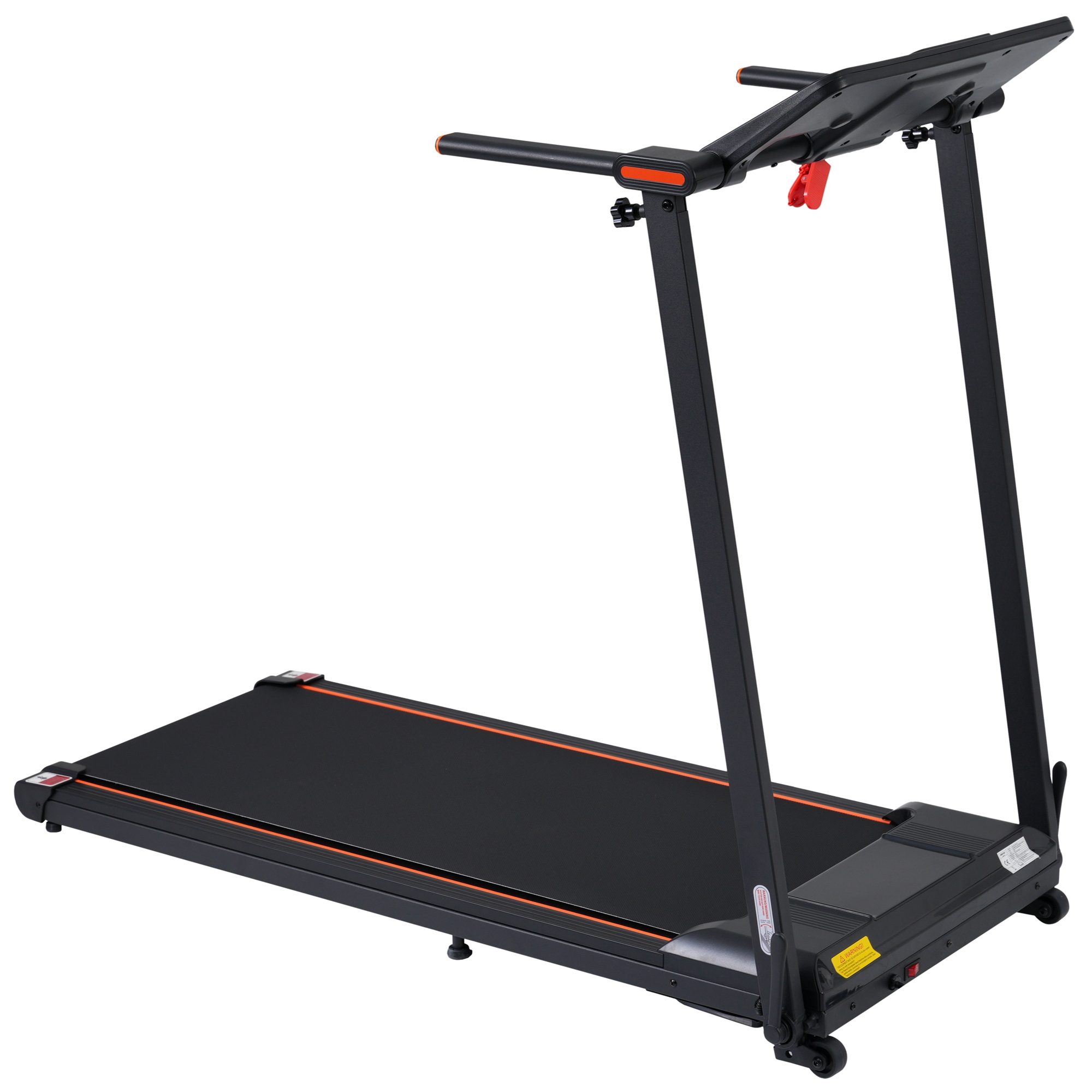 Ein schwarzes Laufband mit orangefarbenen Akzenten. Es hat ein Laufband und eine angewinkelte Konsole mit Handläufen. Weißer Hintergrund.