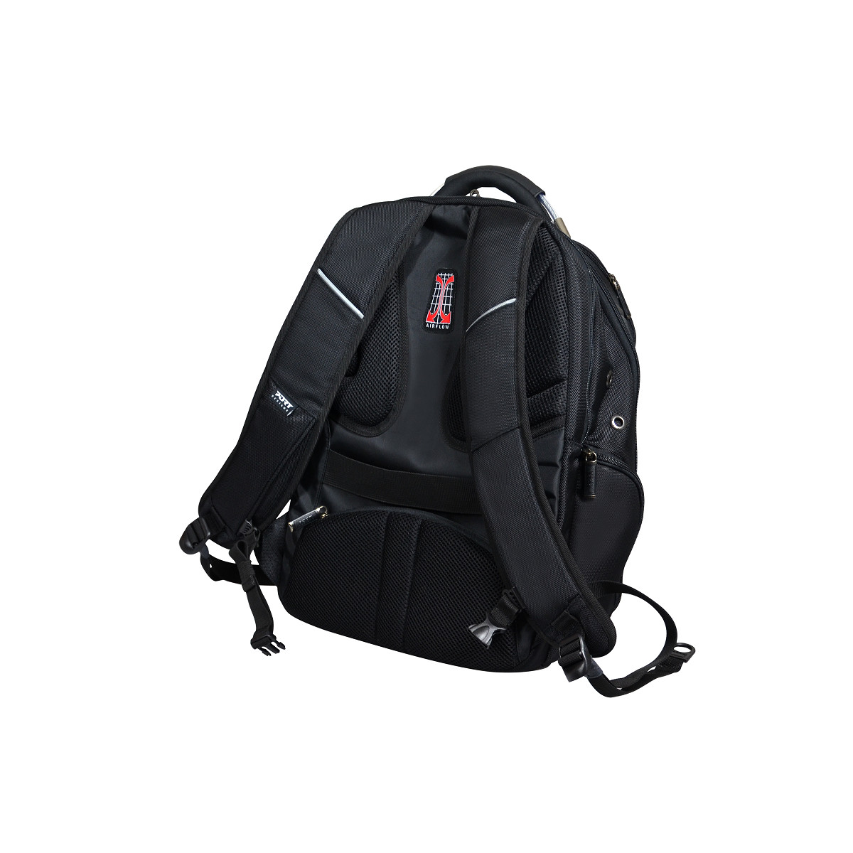 Black backpack, back view. Showing the back straps and the air system.