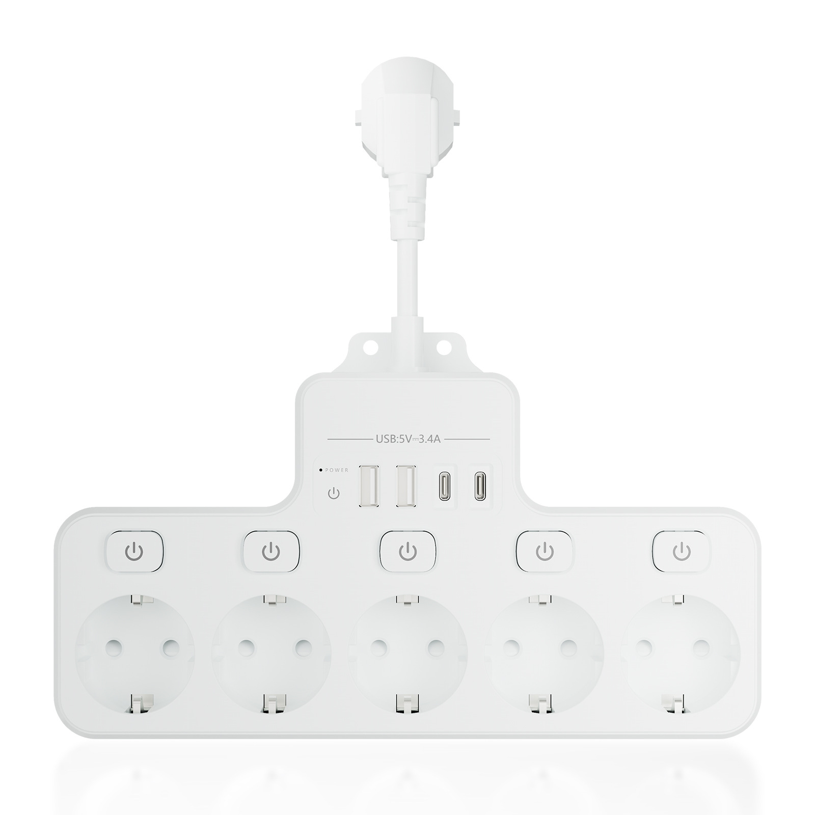 Weißes Verlängerungskabel mit 4 Steckdosen und USB-Anschlüssen. Weißer Stecker und Kabel. Knöpfe für die Stromversorgung.