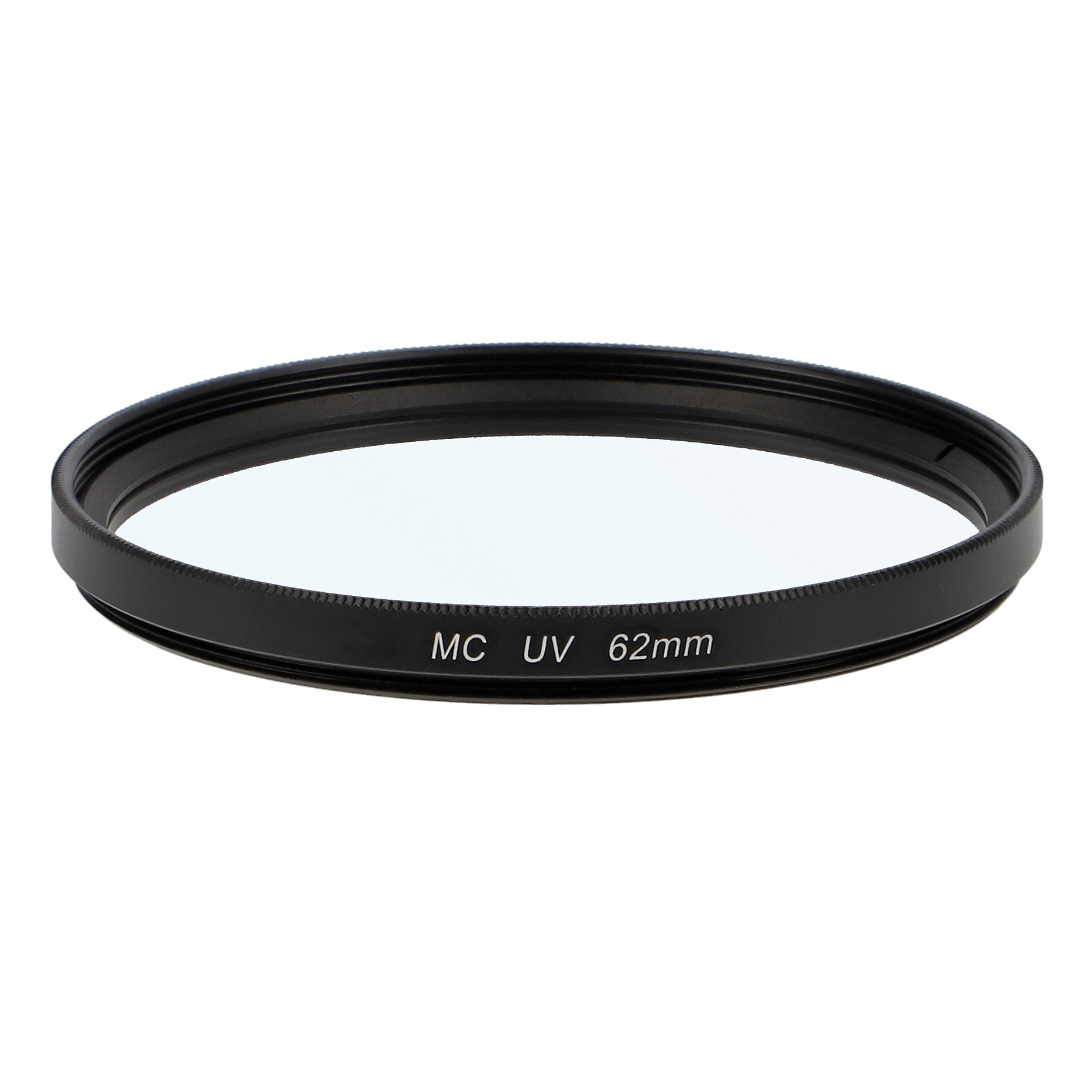 Ein kreisförmiger Kamerafilter mit schwarzem Rand. Der Text 'MC UV 62mm' ist auf dem Rand aufgedruckt.