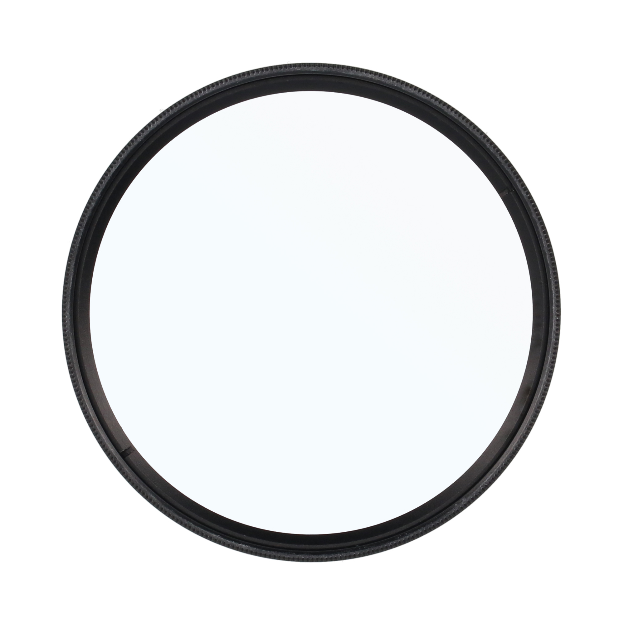 Ein schwarzer Objektivfilter. Der Filter ist rund und das Glas ist in der Mitte klar.