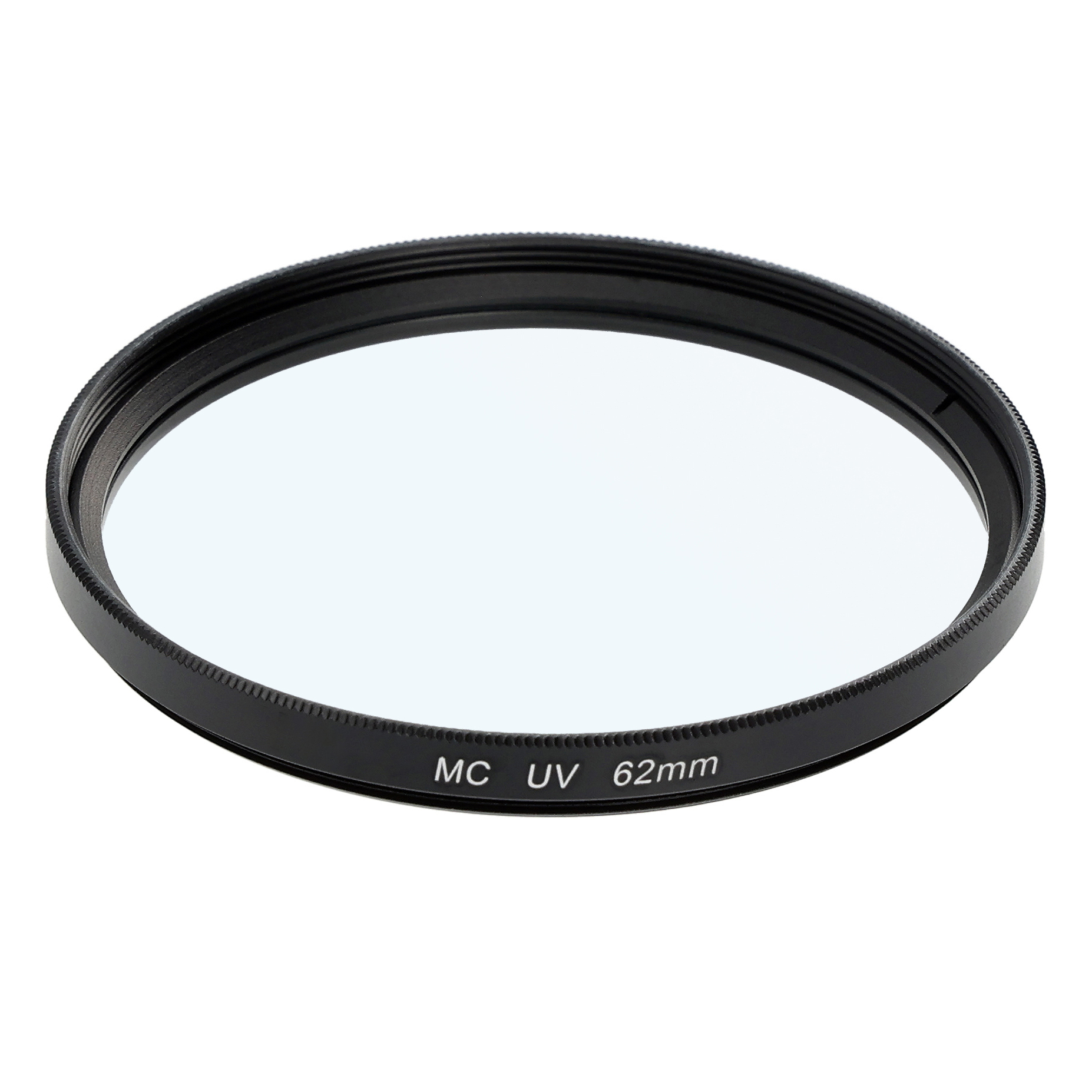 Ein schwarzer Kameraobjektivfilter mit der Aufschrift 'MC UV 62mm'.