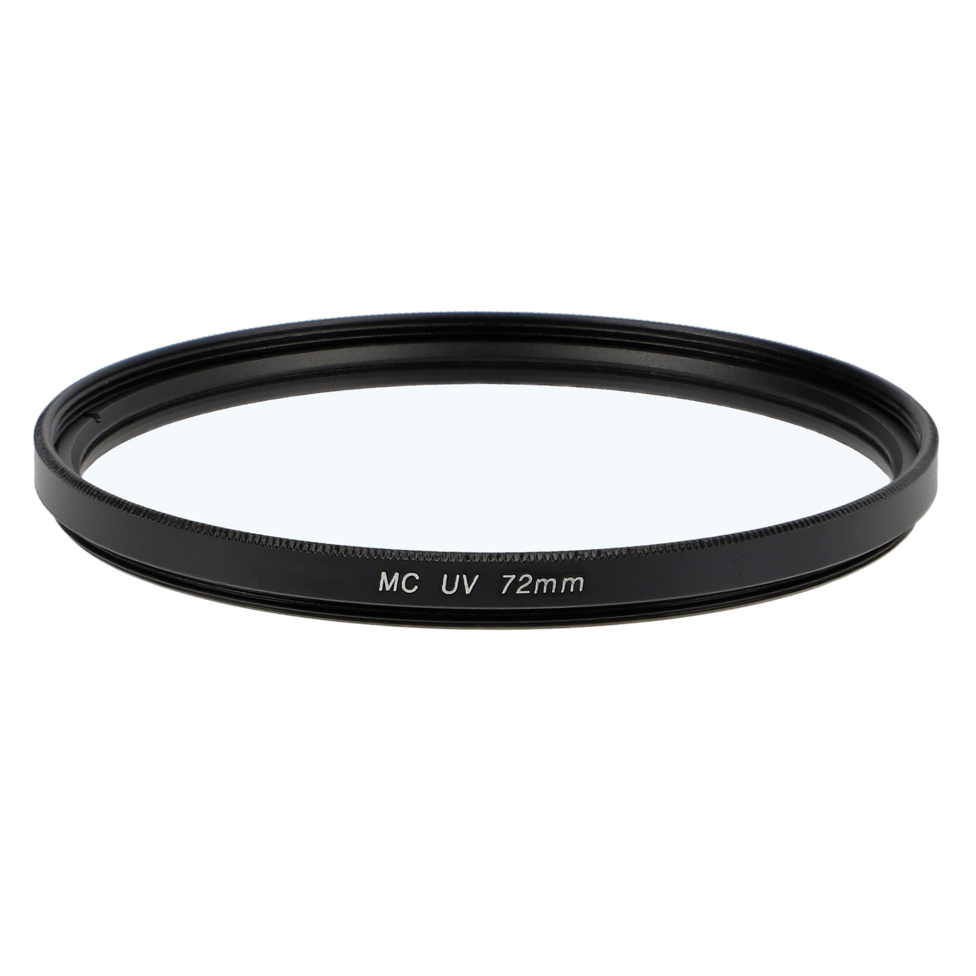 Schwarzer MC UV 72mm Kameraobjektivfilter, transparentes Glas in einem schwarzen Metallring.