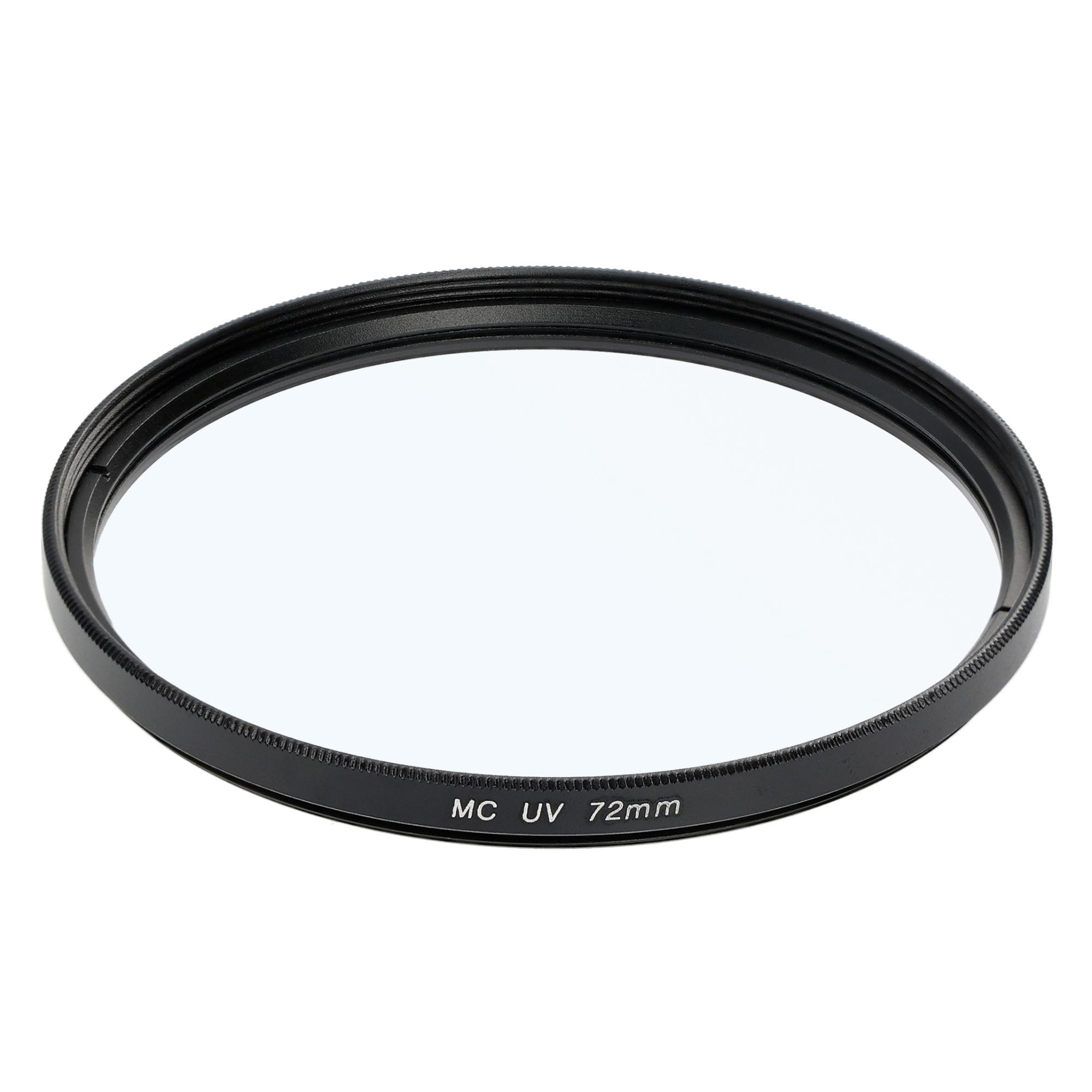 UV-Filter. Schwarzer Ring mit Text 'MC UV 72mm' um einen klaren Glasfilter.
