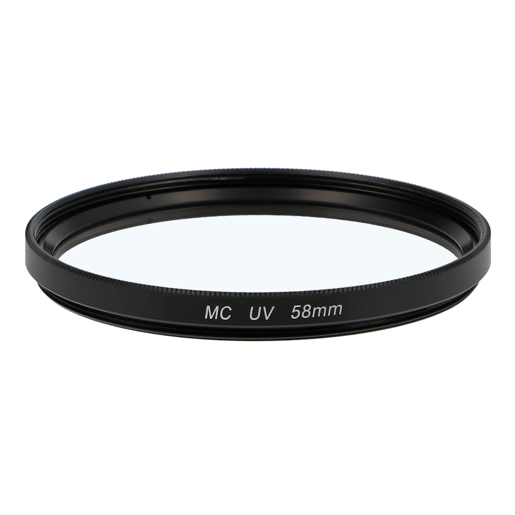 Ein schwarzer MC UV 58mm Kamerafilter. Es ist ein kreisförmiger Filter mit einem Gewinderand.