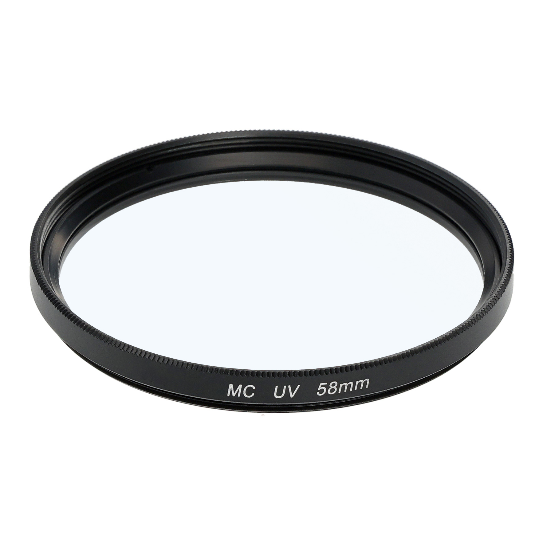 Ein schwarzer Kameralinsenfilter mit dem Text 'MC UV 58mm'.