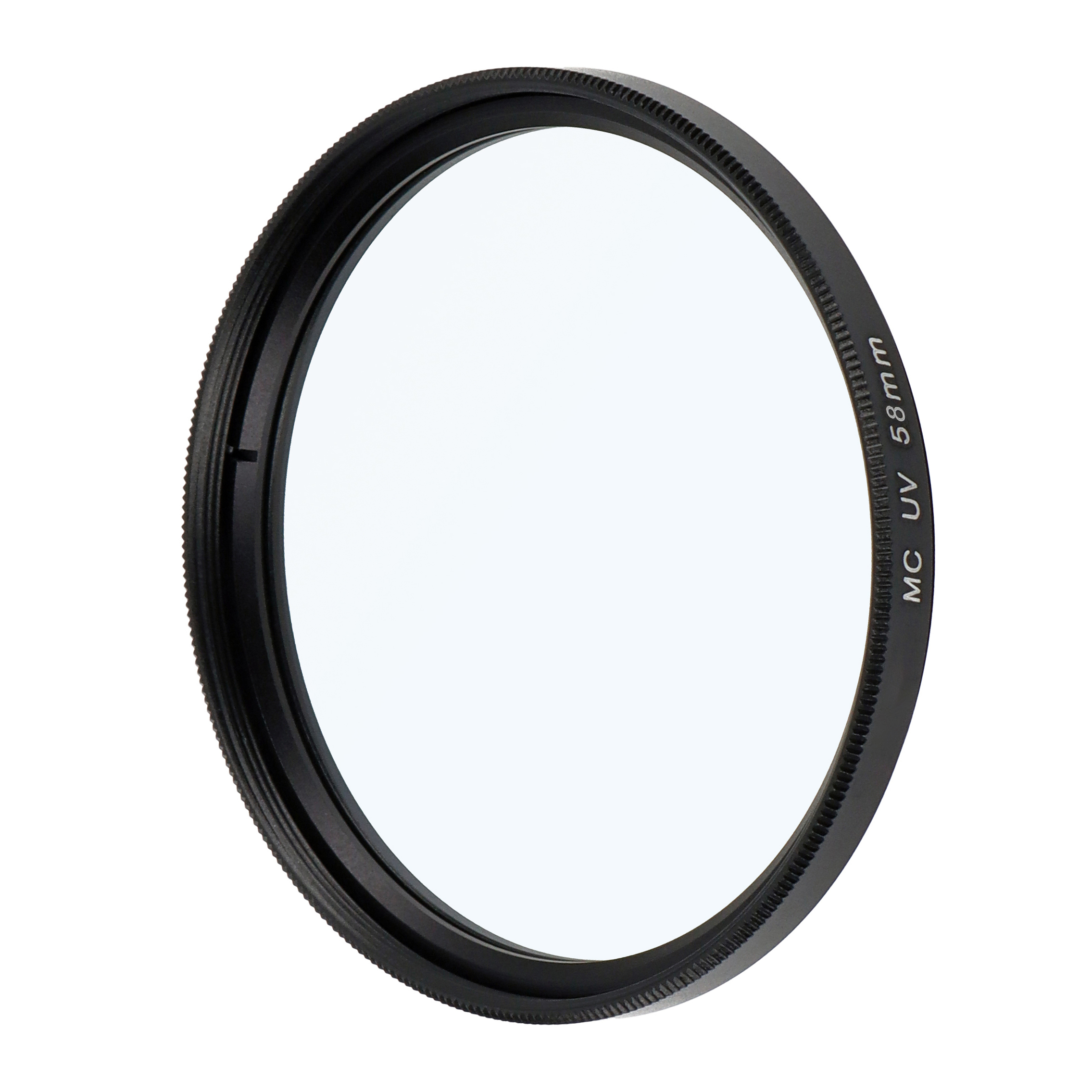 Schwarzer Kameraobjektivfilter, runde Form, mit Text 'MC UV 58mm' an der Seite.