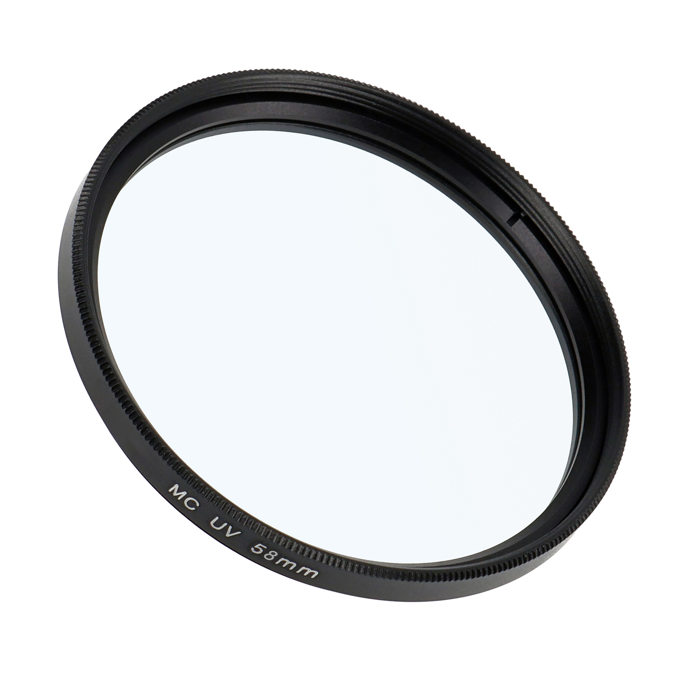 Schwarzer MC UV 58mm Filterring auf weißem Hintergrund.