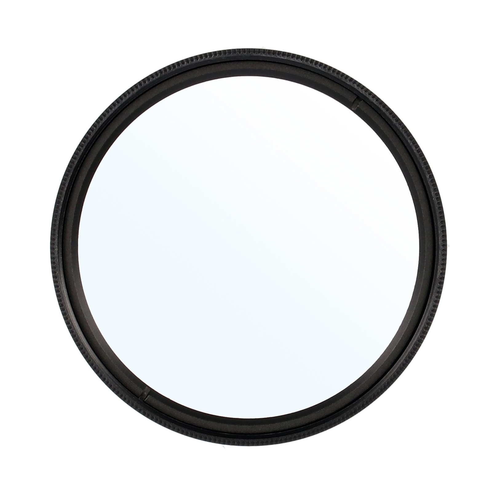 Schwarzer Objektivfilter. Kreisförmig, mit schwarzem Ring am Rand. Weißer Hintergrund.