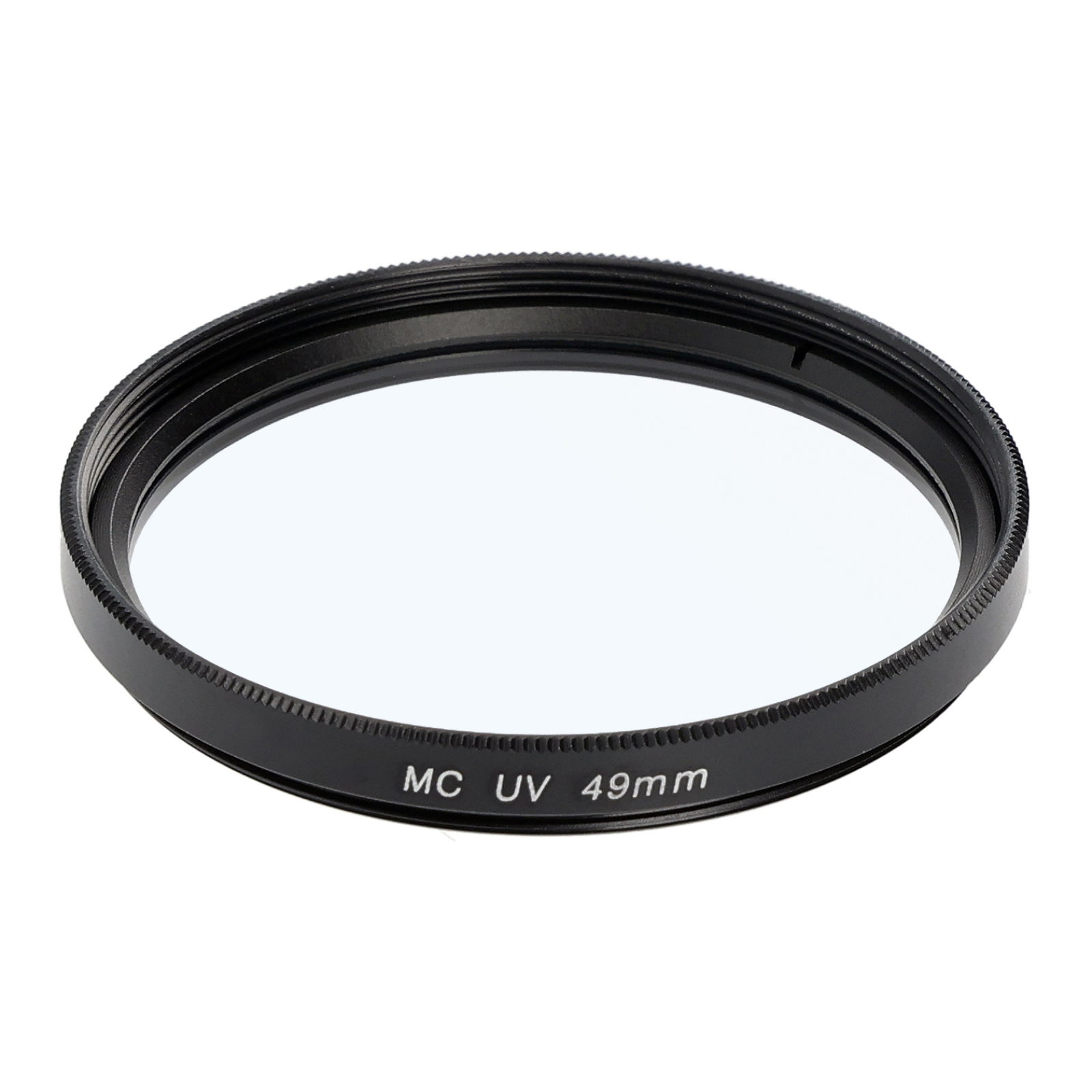 Schwarzer Kameraobjektivfilter mit dem Text 'MC UV 49mm' auf weißem Hintergrund.