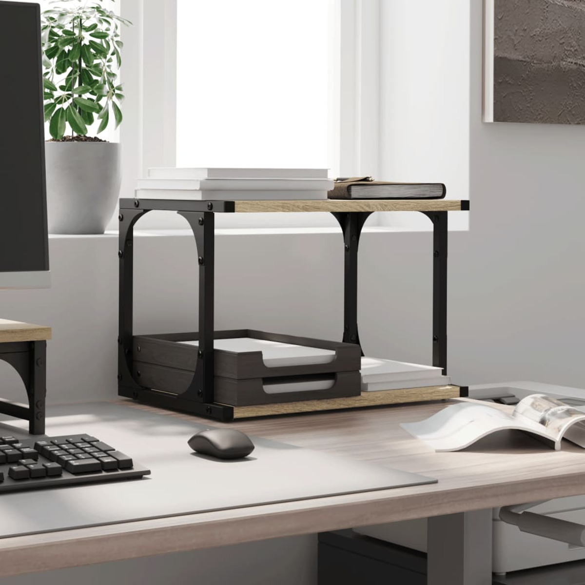 Schreibtisch-Organizer mit zwei Regalen, aus Metall und Holz.