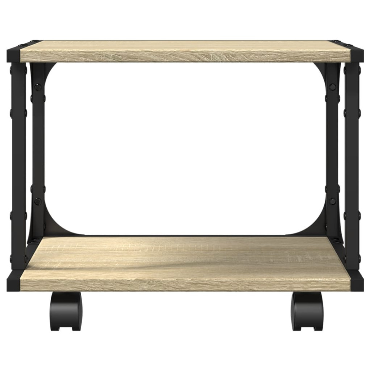 Ein Tisch in hellen Holzfarben mit schwarzen Metallstützen und Rädern.