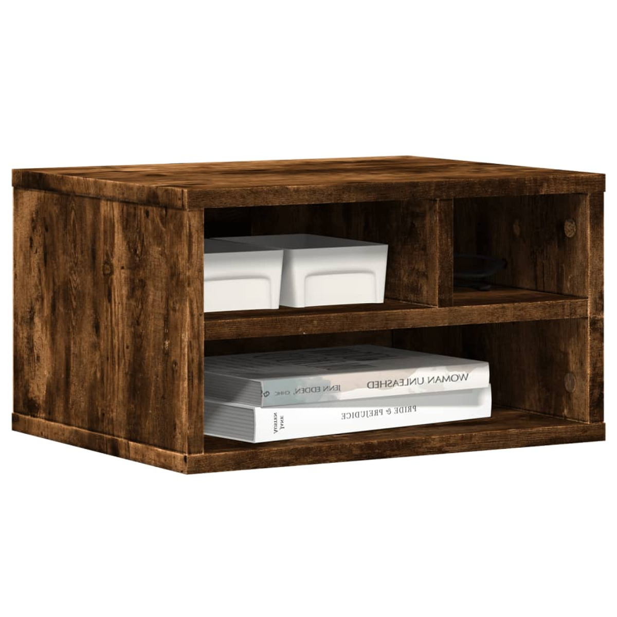 Holzschrank mit offenen Bereichen. Er hat zwei weiße Kisten im Inneren und Bücher sichtbar.