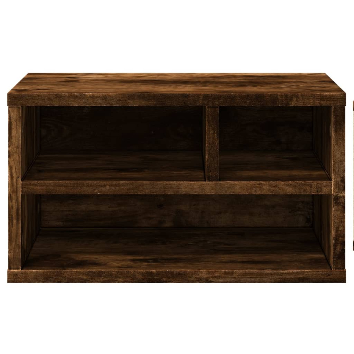 Ein Holz-Aufbewahrungseinheit mit zwei Regalen.