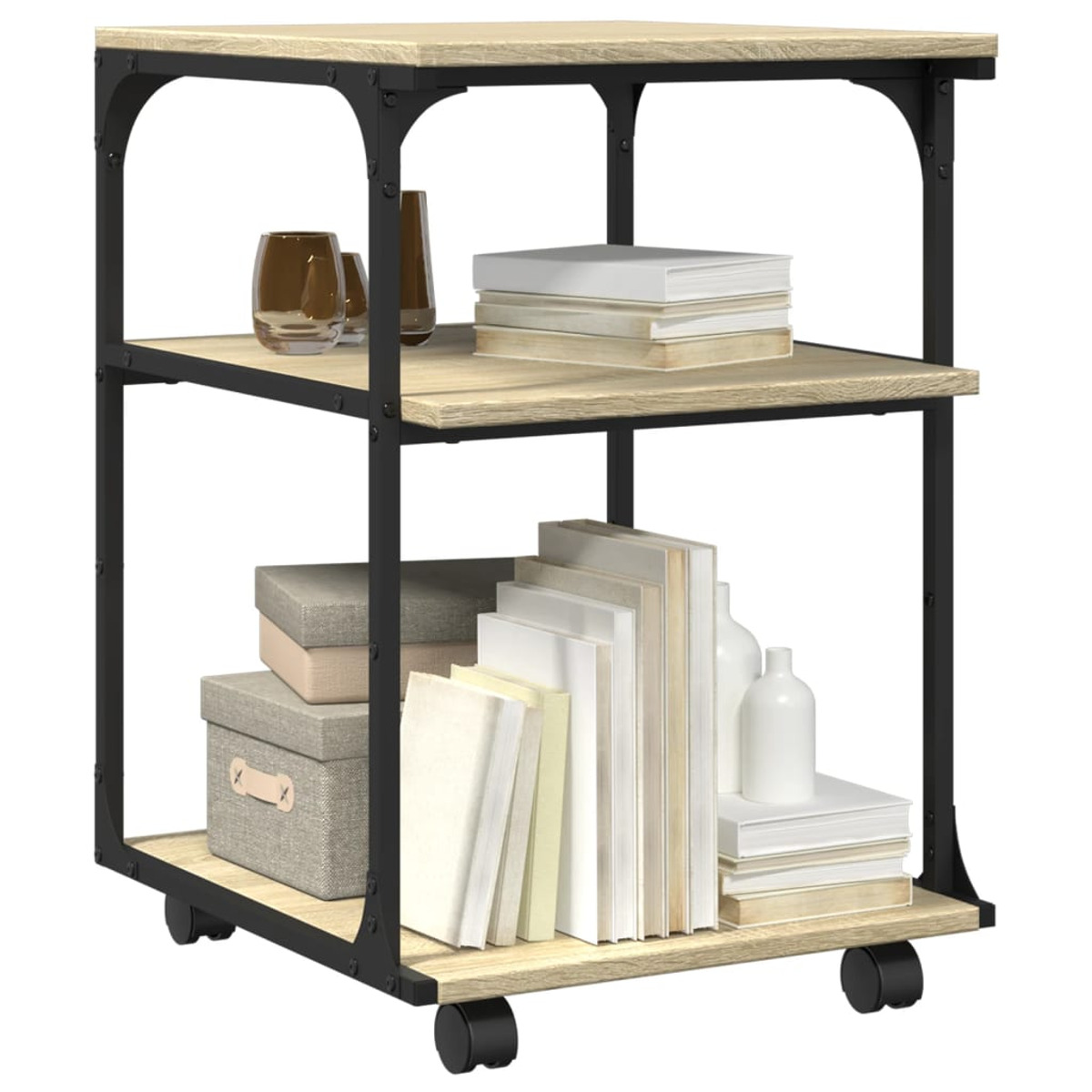 Holztisch mit Regalen. Bücher, Kisten und Vasen stehen auf den Regalen. Schwarzer Rahmen.