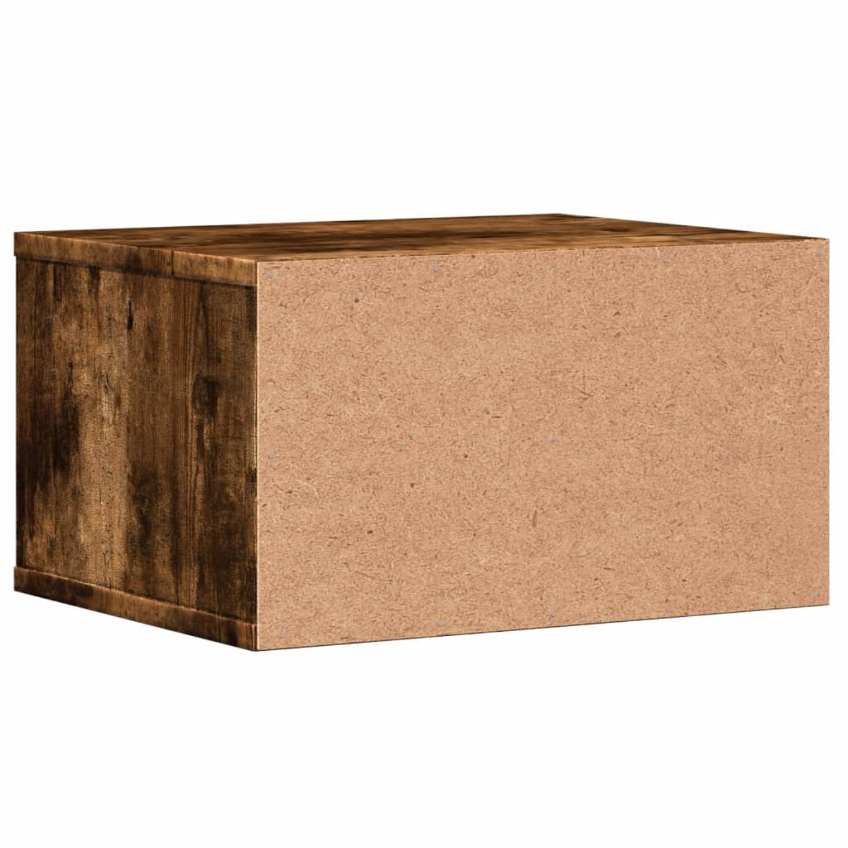 Eine Holzkiste mit sichtbarer Holzmaserung, die Rückseite aus braunem Pressholz.