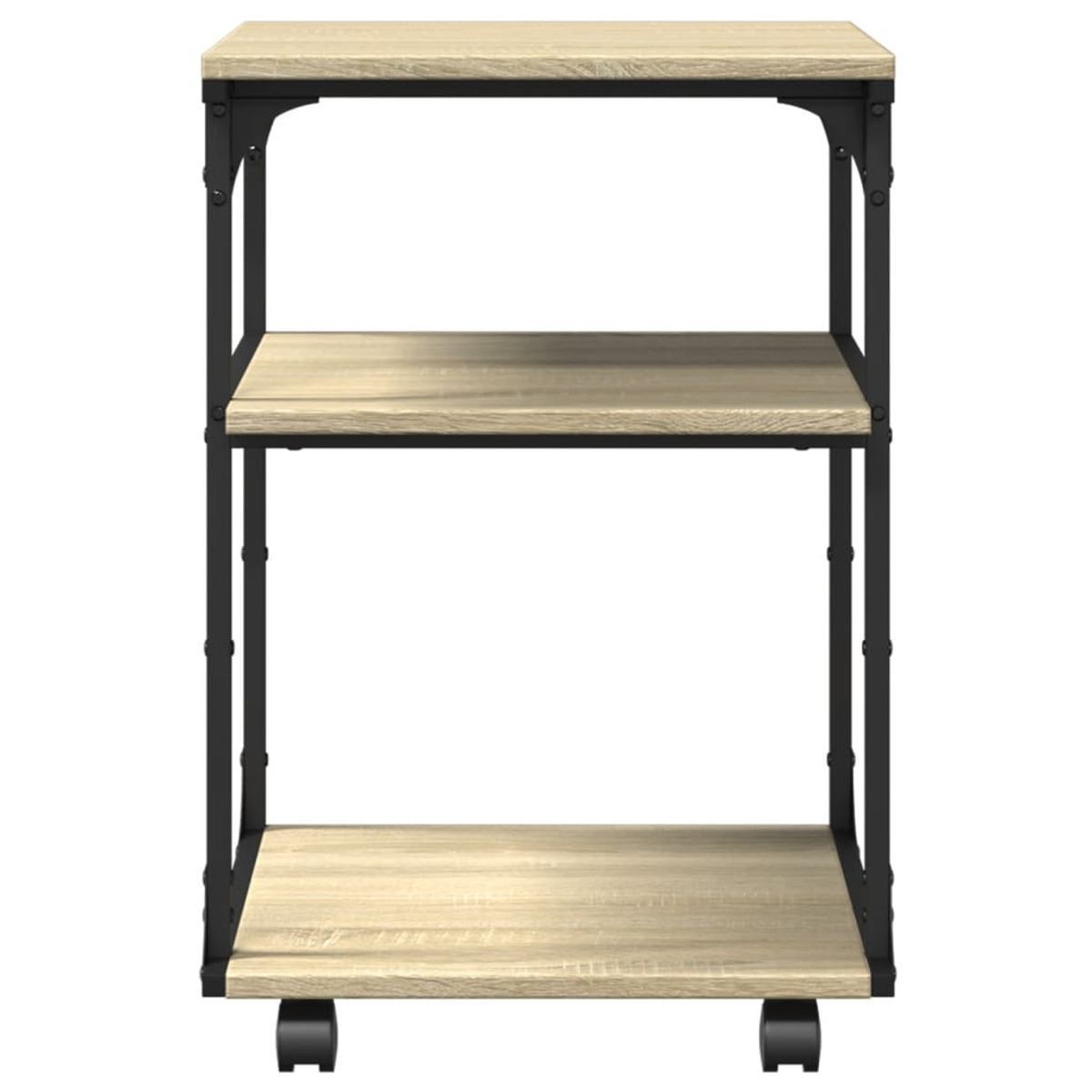 Regaleinheit aus Holz mit schwarzem Metallrahmen. Zwei Regale und Räder.