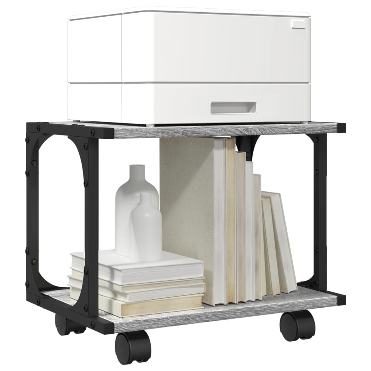 Rollwagen mit Büchern, Vasen und Drucker auf oberer Ablage.