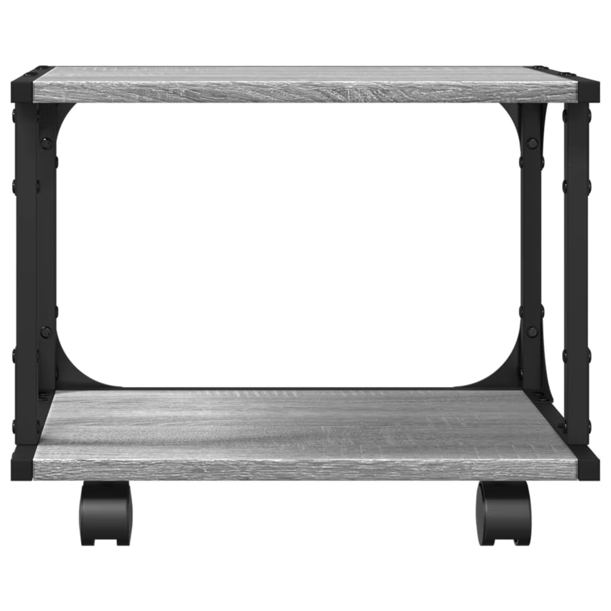 Ein kleiner Tisch mit zwei Regalen und Rädern, aus grauem Holz und schwarzem Metall. Modernes Design.