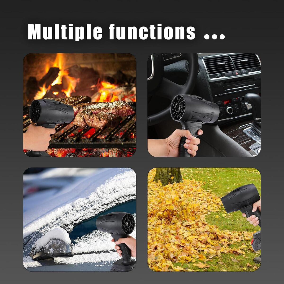 Imágenes que muestran múltiples funciones de un soplador negro, incluyendo la eliminación de nieve y hojas.