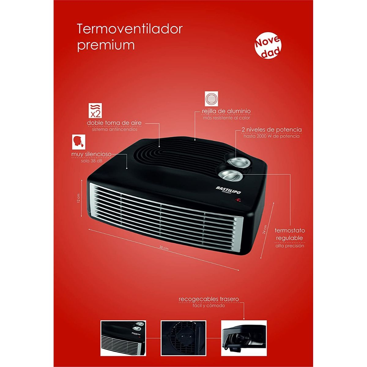 Calentador eléctrico negro con controles y etiquetas sobre fondo rojo.