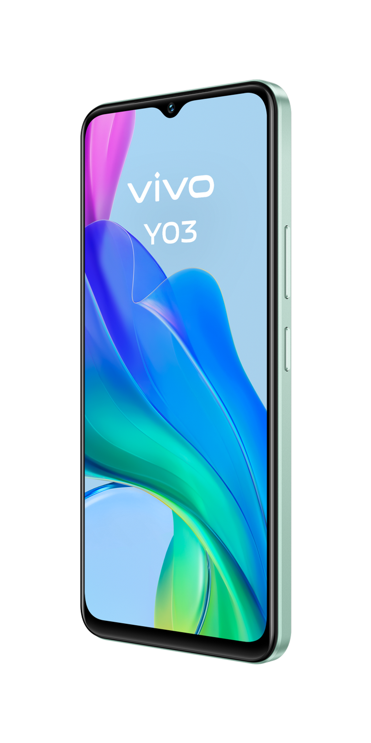 Miętowy telefon wyświetlony pod kątem na ciemnym tle.