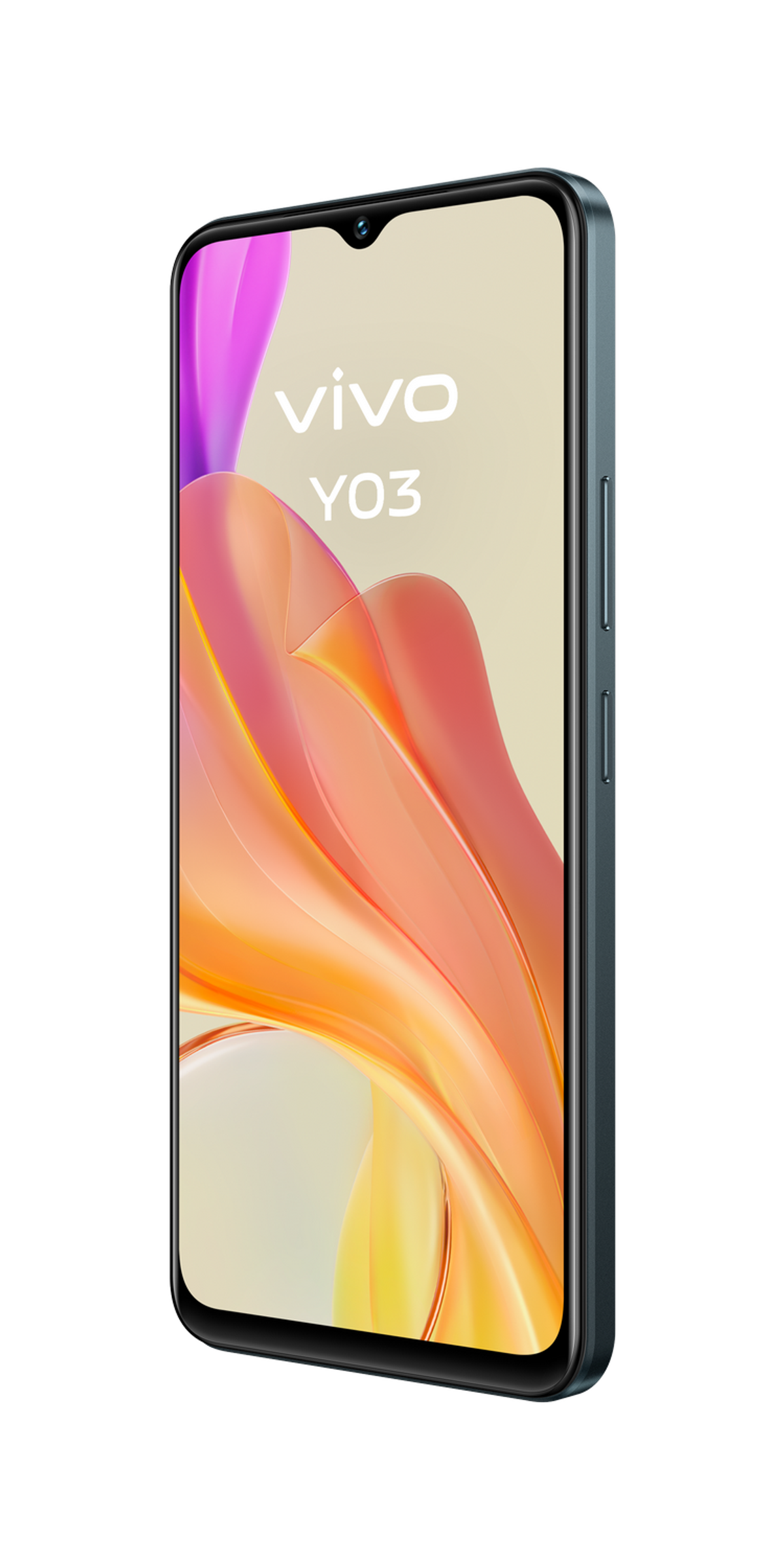 Niebieski telefon w widoku z boku, wyświetlający nazwę 'VIVO Y03' na ekranie.