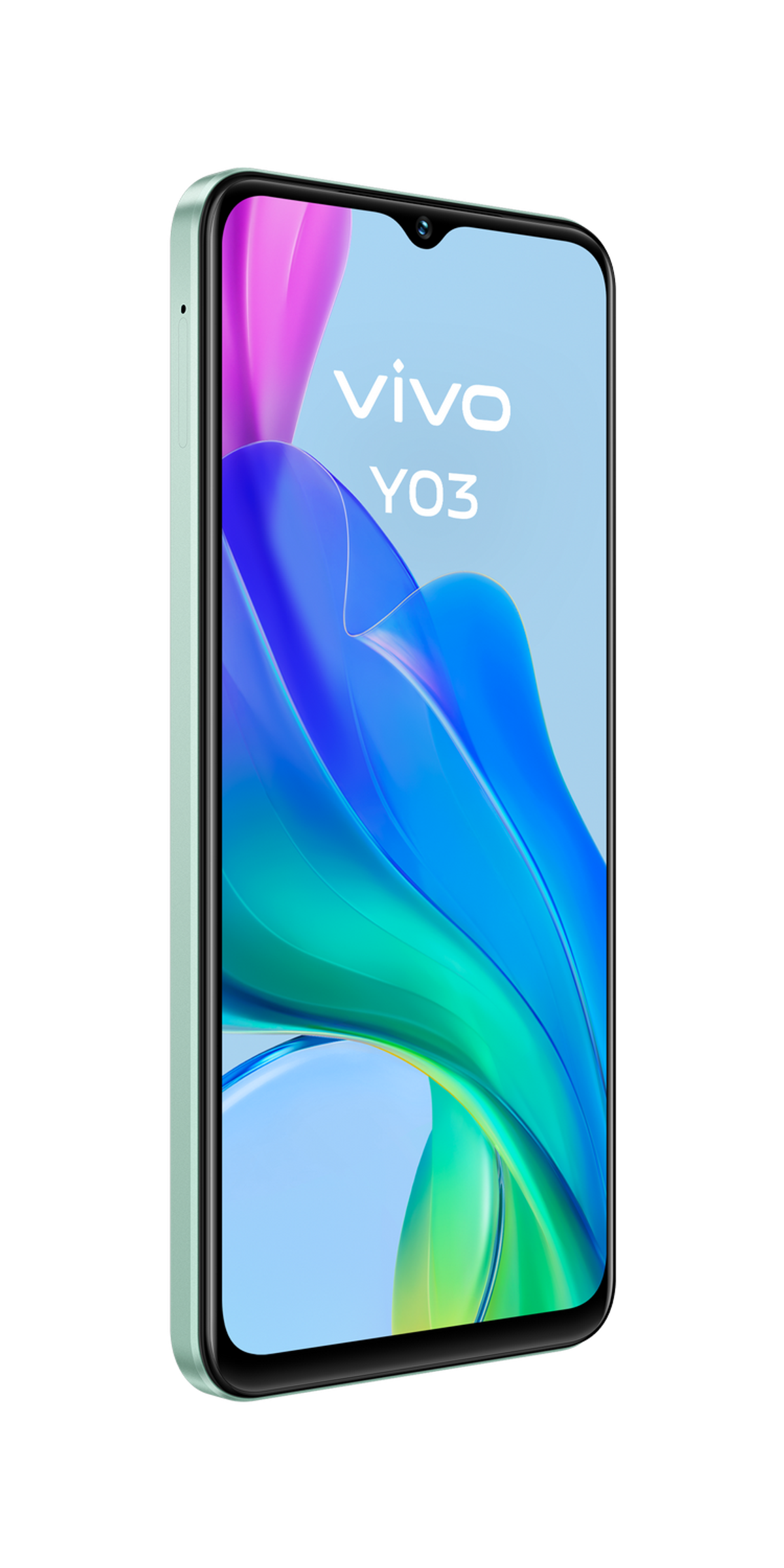 Zielony telefon Vivo Y03 w profilu, ekran wyświetla niebieski i różowy abstrakcyjny obraz.