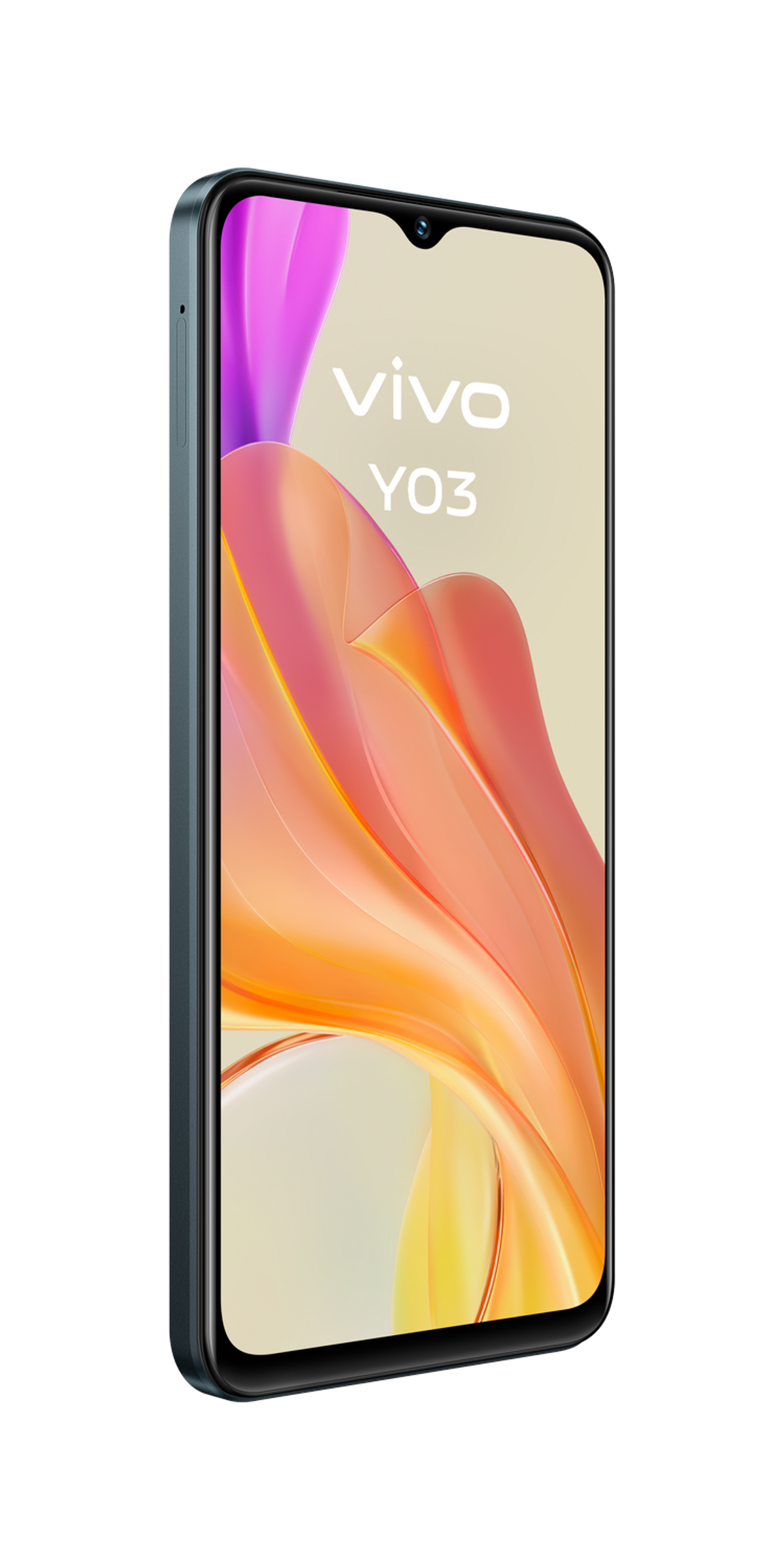 Widok z boku turkusowego smartfona z białym tekstem i pomarańczowym tłem.