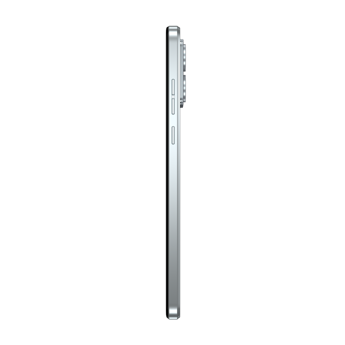 Vista laterale di uno smartphone argento.