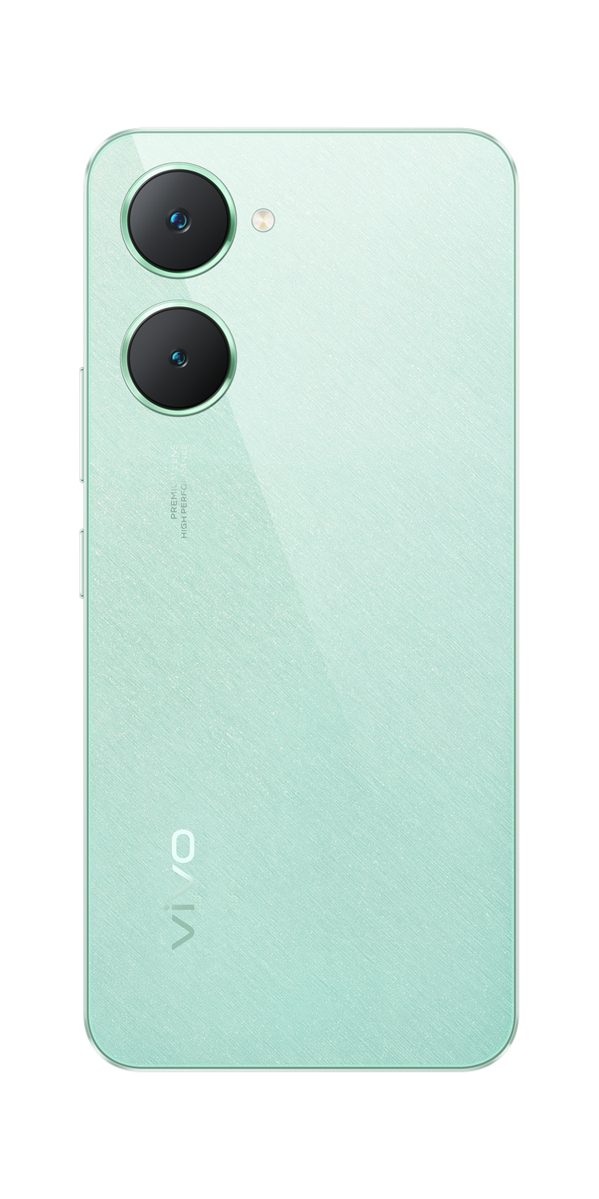 Miętowy telefon z dwoma aparatami na czarnym tle.