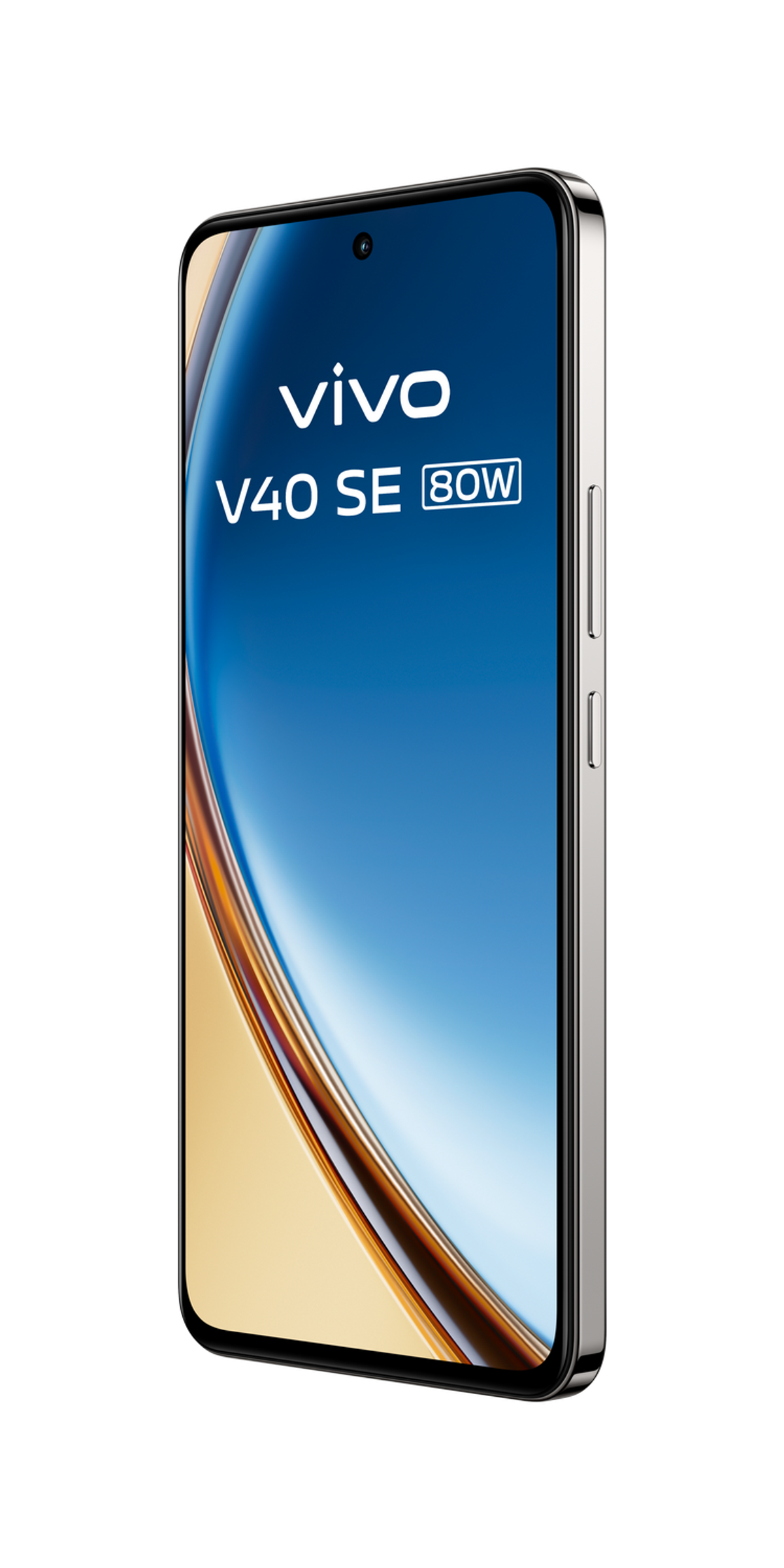 Srebrny telefon z zakrzywionym ekranem, pokazujący niebiesko-złotą tapetę gradientową.