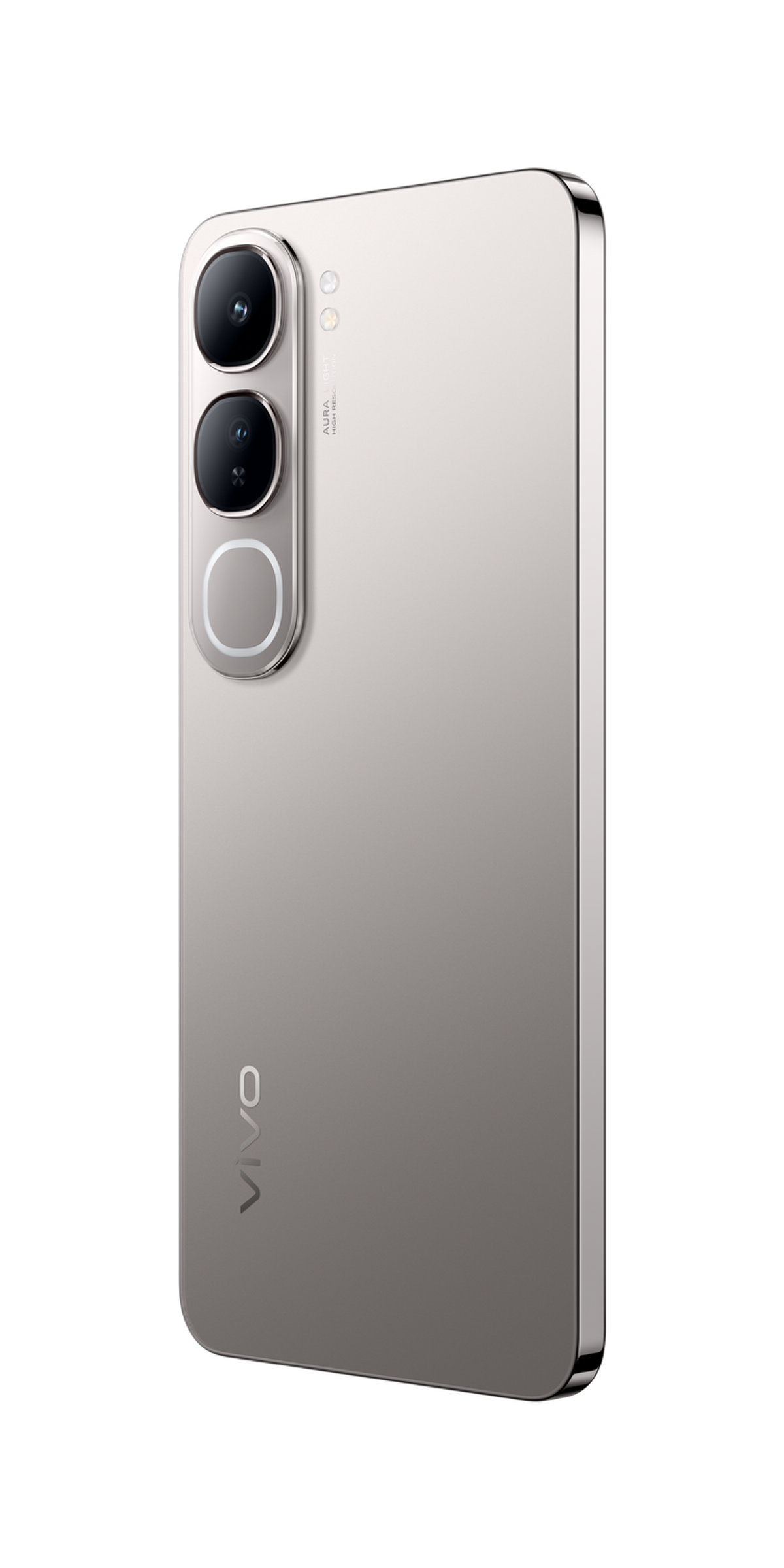 Srebrny telefon, widok z boku, pokazujący tylne kamery i markę Vivo.