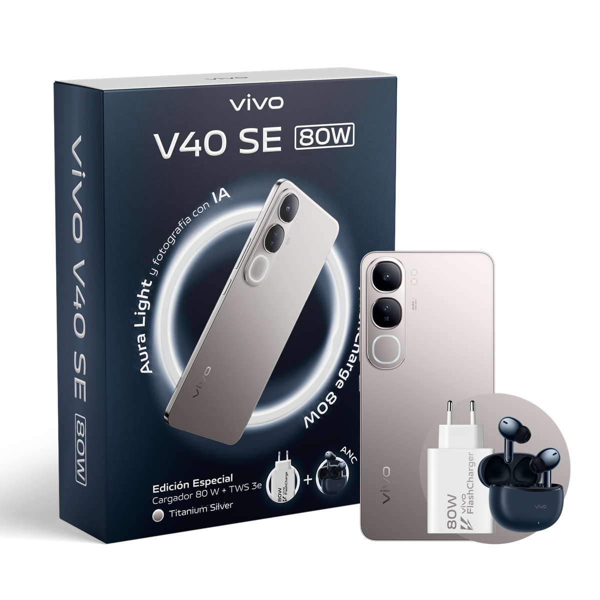 Pudełko telefonu Vivo z telefonem, ładowarką i słuchawkami. Srebrny telefon.