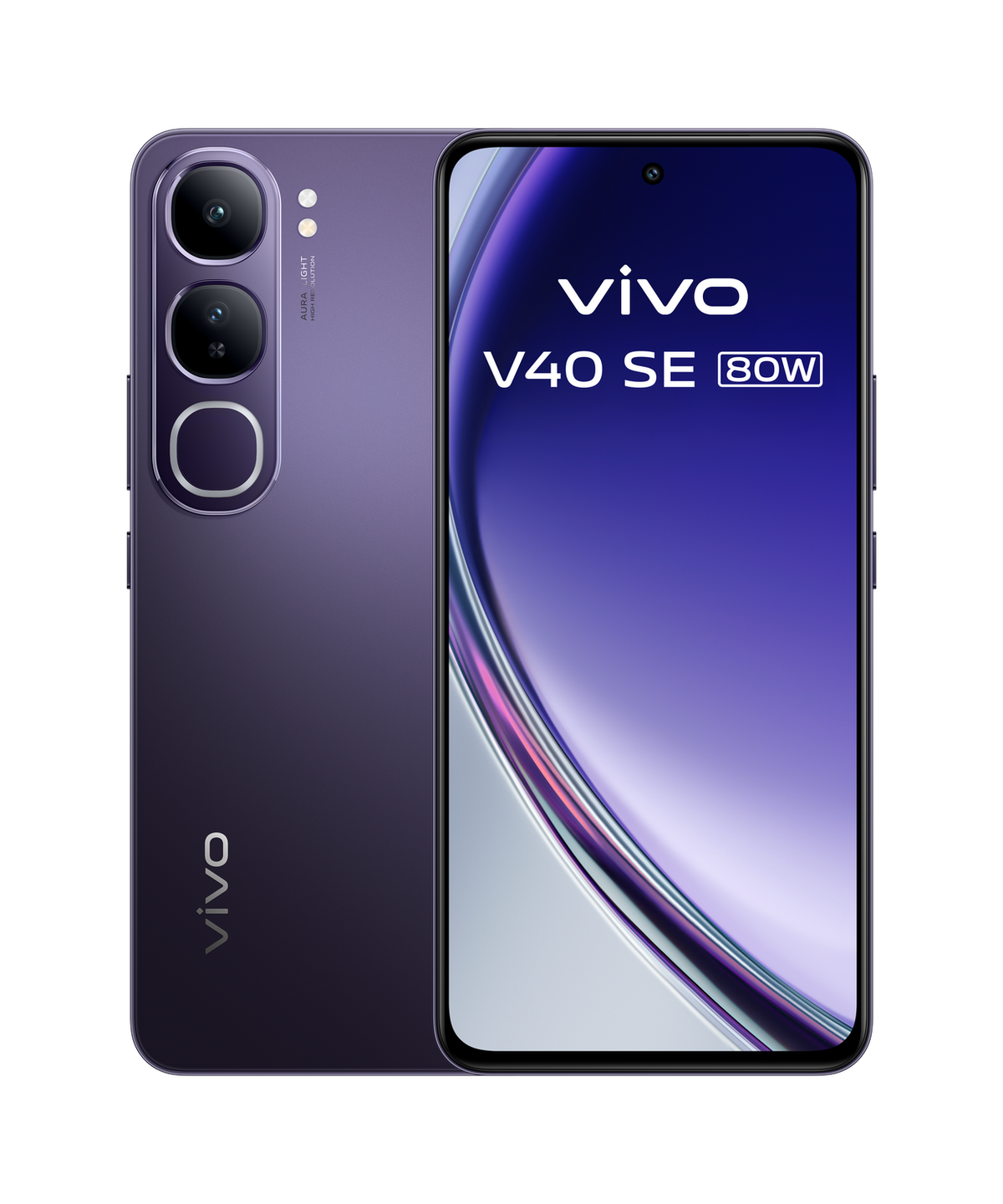 Teléfono morado con triple cámara y pantalla con texto.
